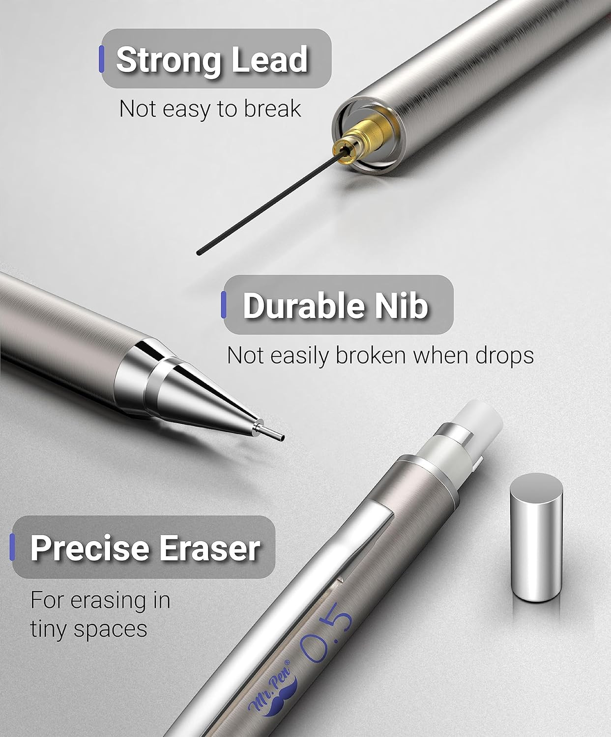 – Metal Mechanical Pencil Set with Lead Refills & Erasers, 2 Pack | 0.5mm, 4x Tu