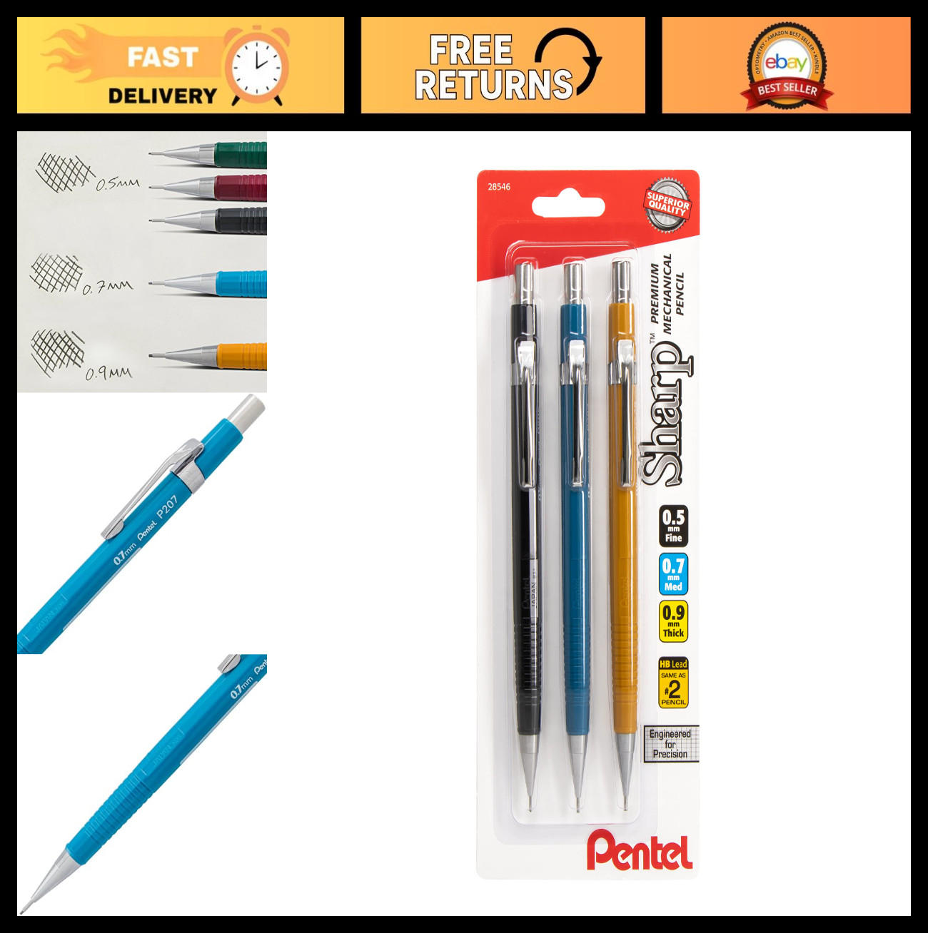 3-Pack Mechanical Pencils Assorted Barrels 0.5mm, 0.7mm, 0.9mm – Precision Writi