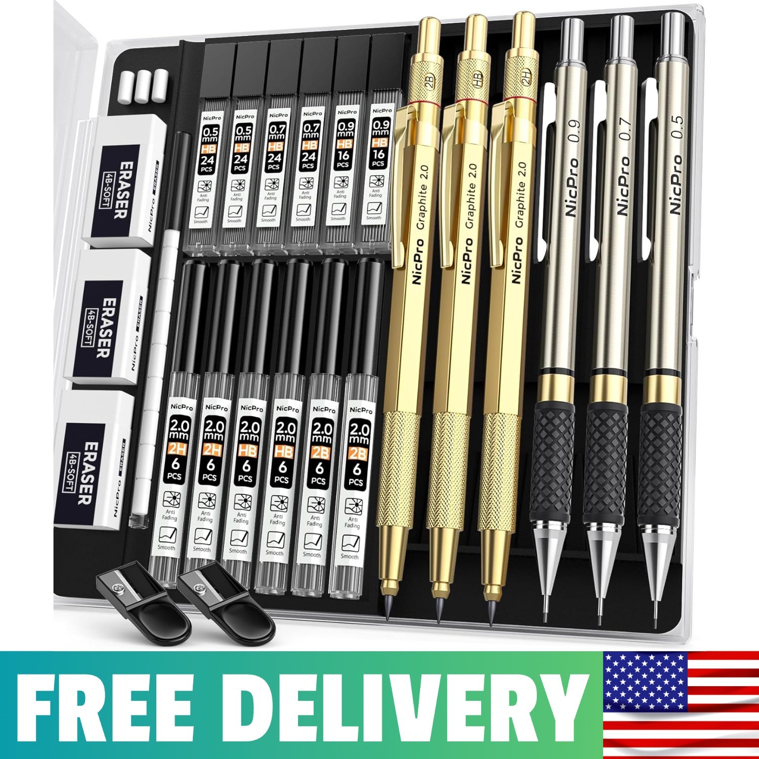 Gold Art Mechanical Pencil Set | Metal Drafting Pencil 0.5, 0.7, 0.9mm & 2mm