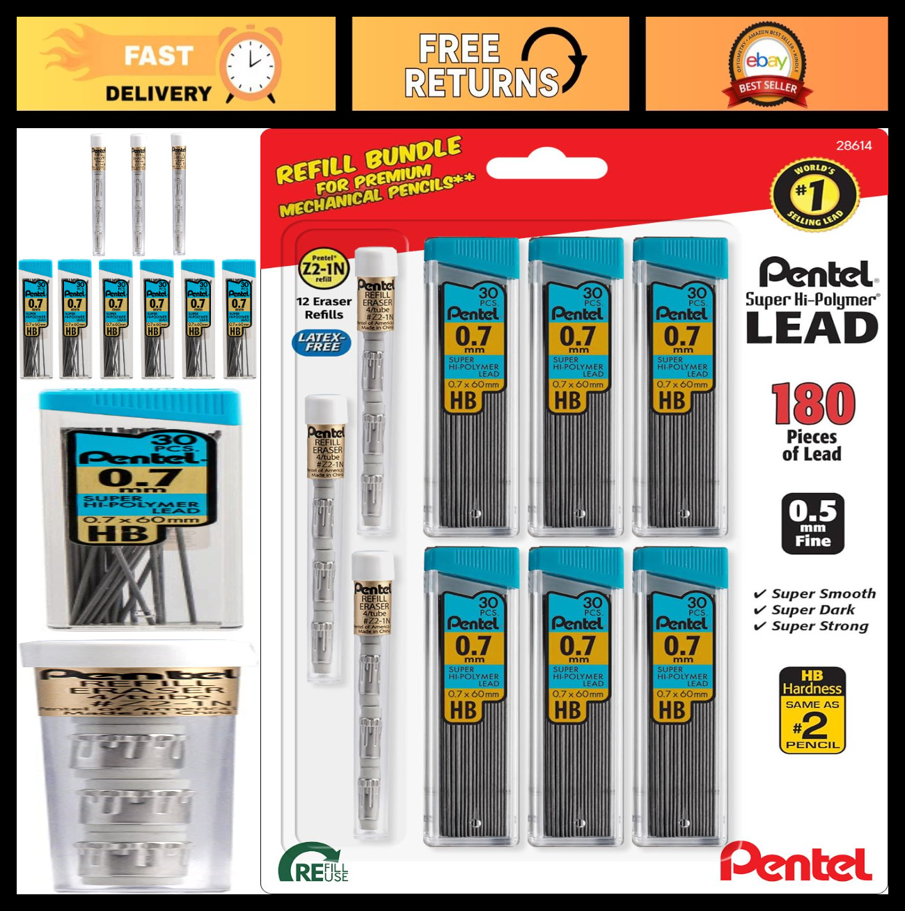 HB 7mm Mechanical Pencil Lead Refill – 180 Super Hi-Polymer Leads & 12 Erasers