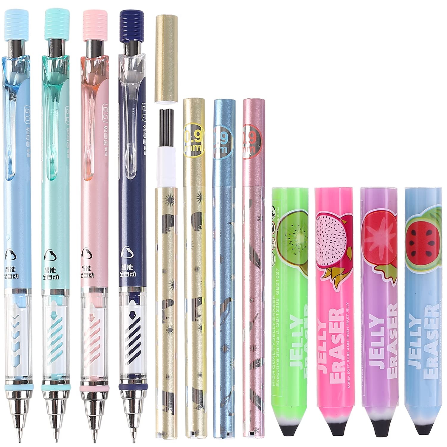 4 PCS 0.9mm Mechanical Pencil Set 4 Tubes HB Lead Refill 4 Eraser Stationery