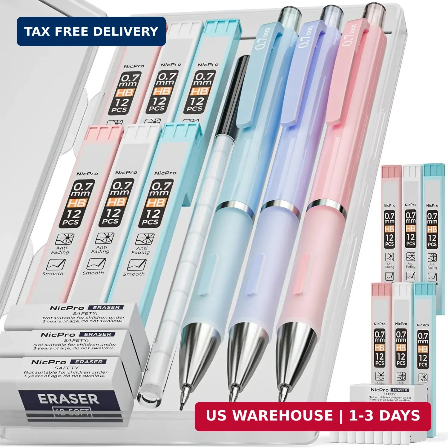 Nicpro 3PCS Cute Mechanical Pencil Set with Case, 0.7 mm Pencils with 6 Tube HB