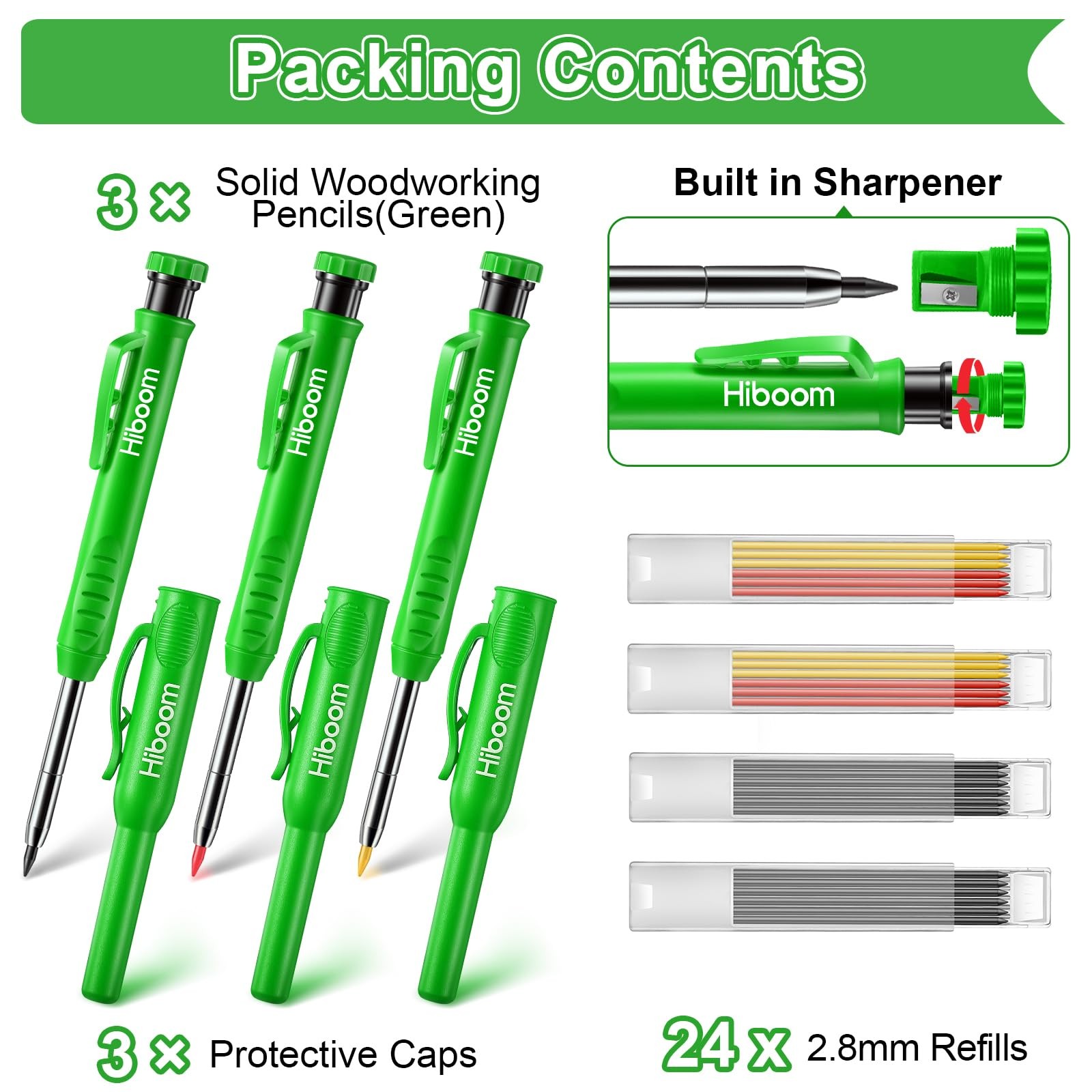 3 Pack Carpenter Pencil with 24 Refills (Red, Black, Yellow), 2.8 mm Heavy Duty