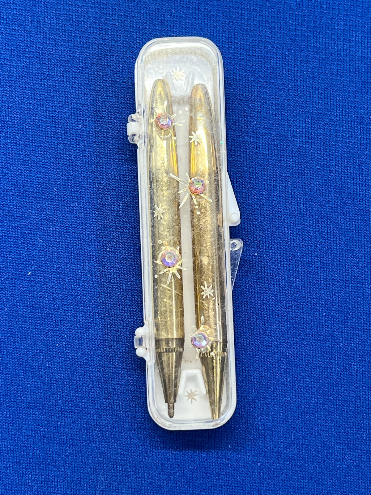 Vintage Goldtone Gold Pen Pencil Set with AB Rhinestone Case Small 3″