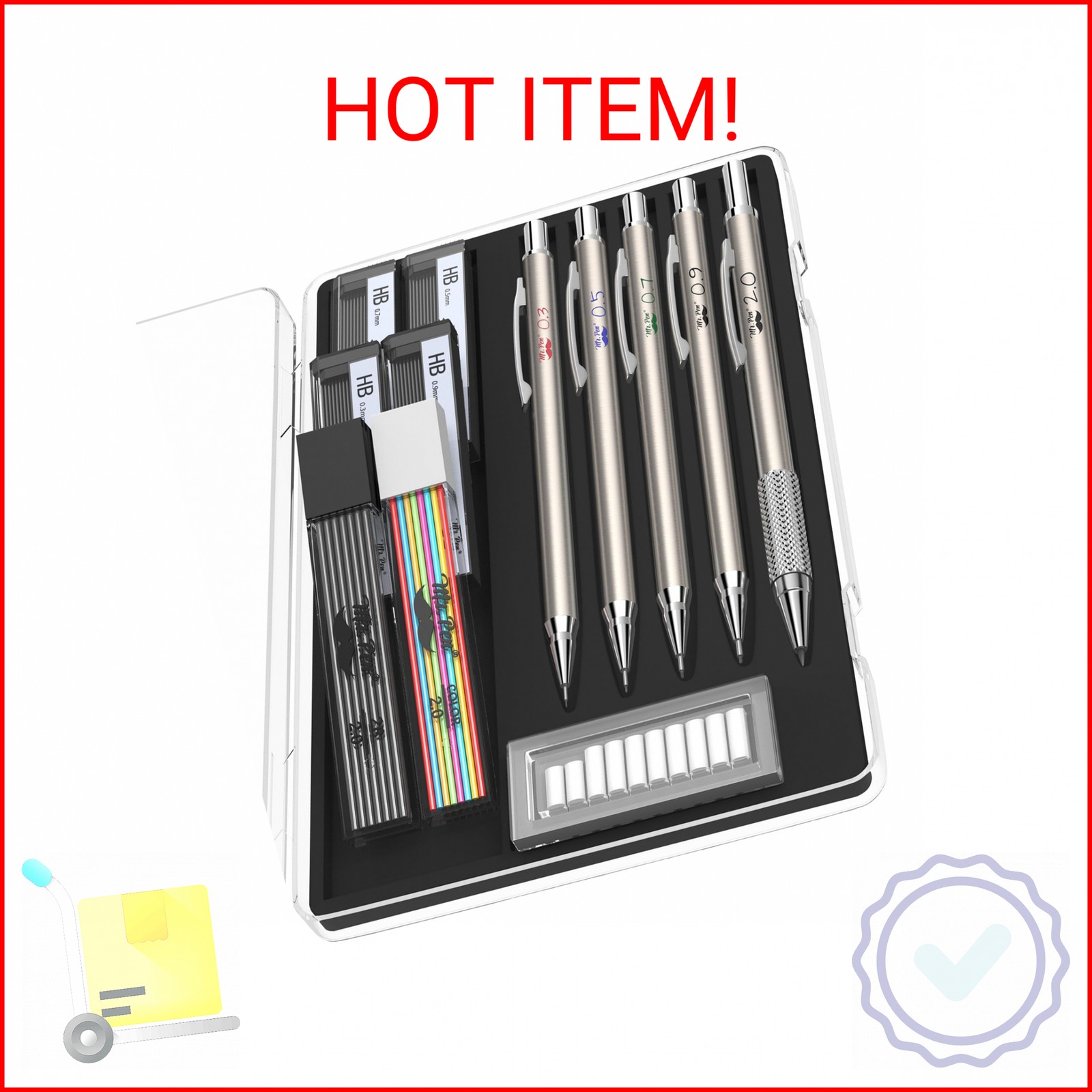 Mr. Pen- Metal Mechanical Pencil Set with Lead and Eraser Refills, 5 Sizes, 0.3,