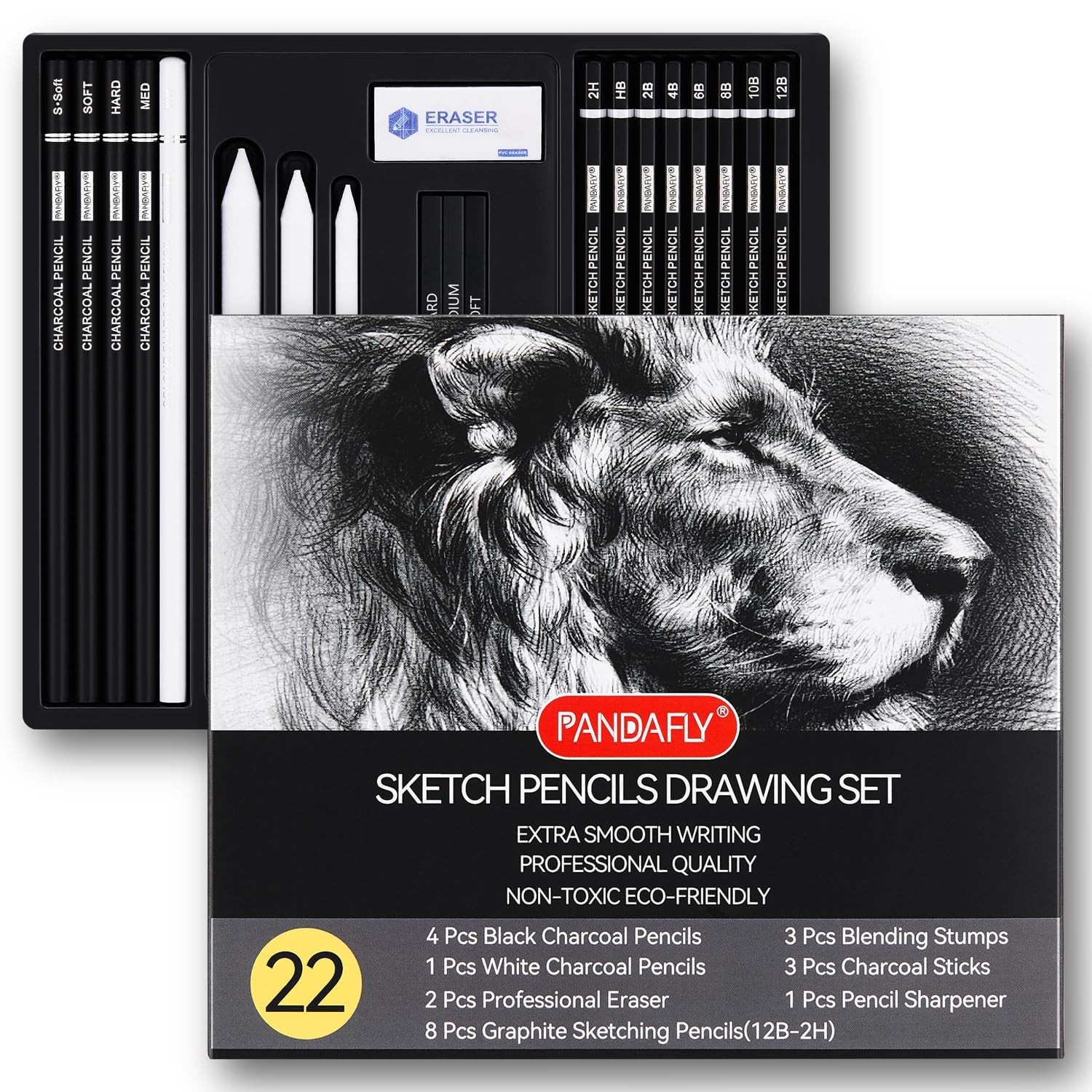 PANDAFLY Drawing Sketching Pencil Set, 1 Count (Pack of 22), 22 Pack – Black
