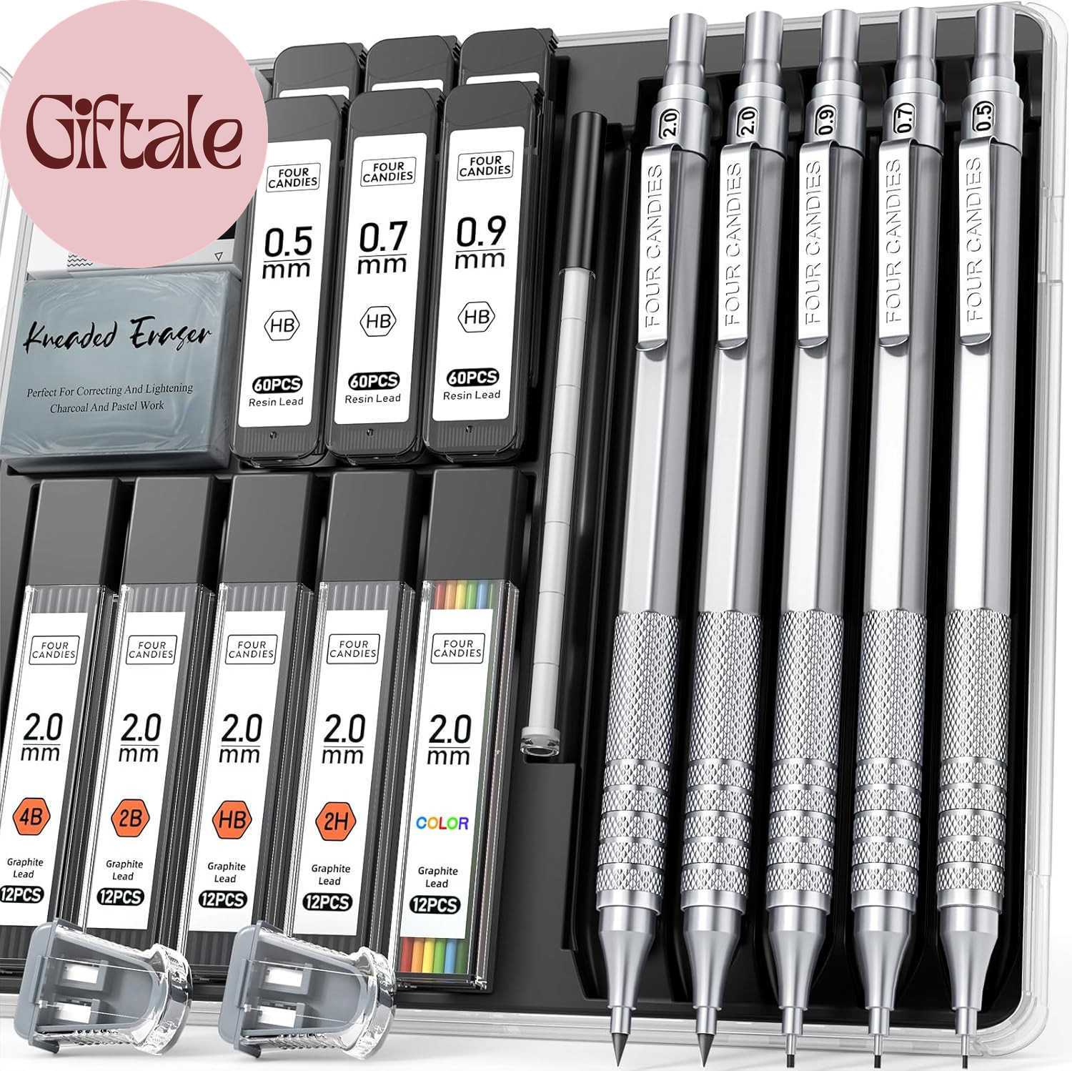 Metal Mechanical Pencil Set, 3PCS Art Drafting Pencils 0.5, 0.7, 0.9MM & 2PCS 2M