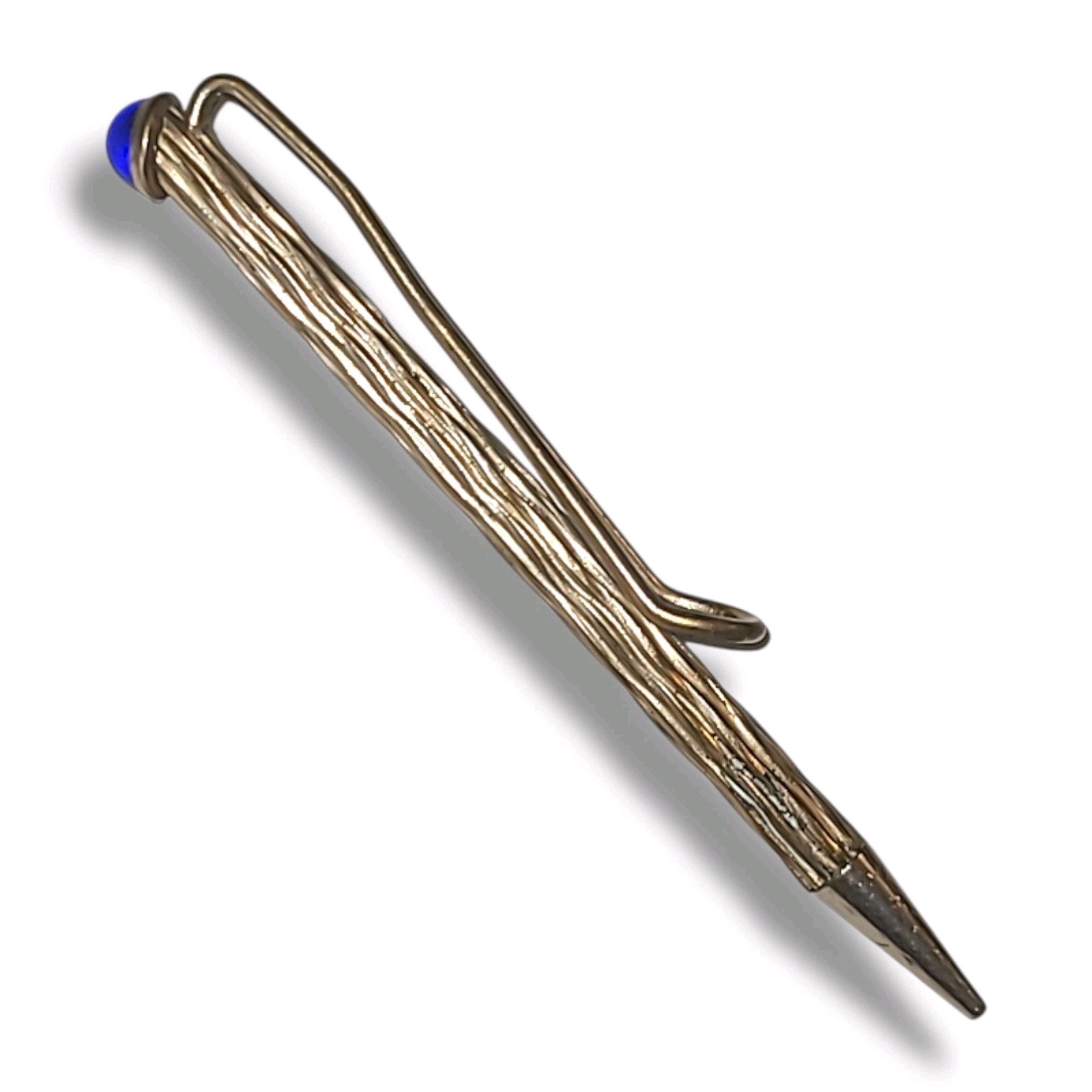 Vintage Gold Tone Mechanical Pencil Blue Cabochon Textured Pocket Clip 3.5″