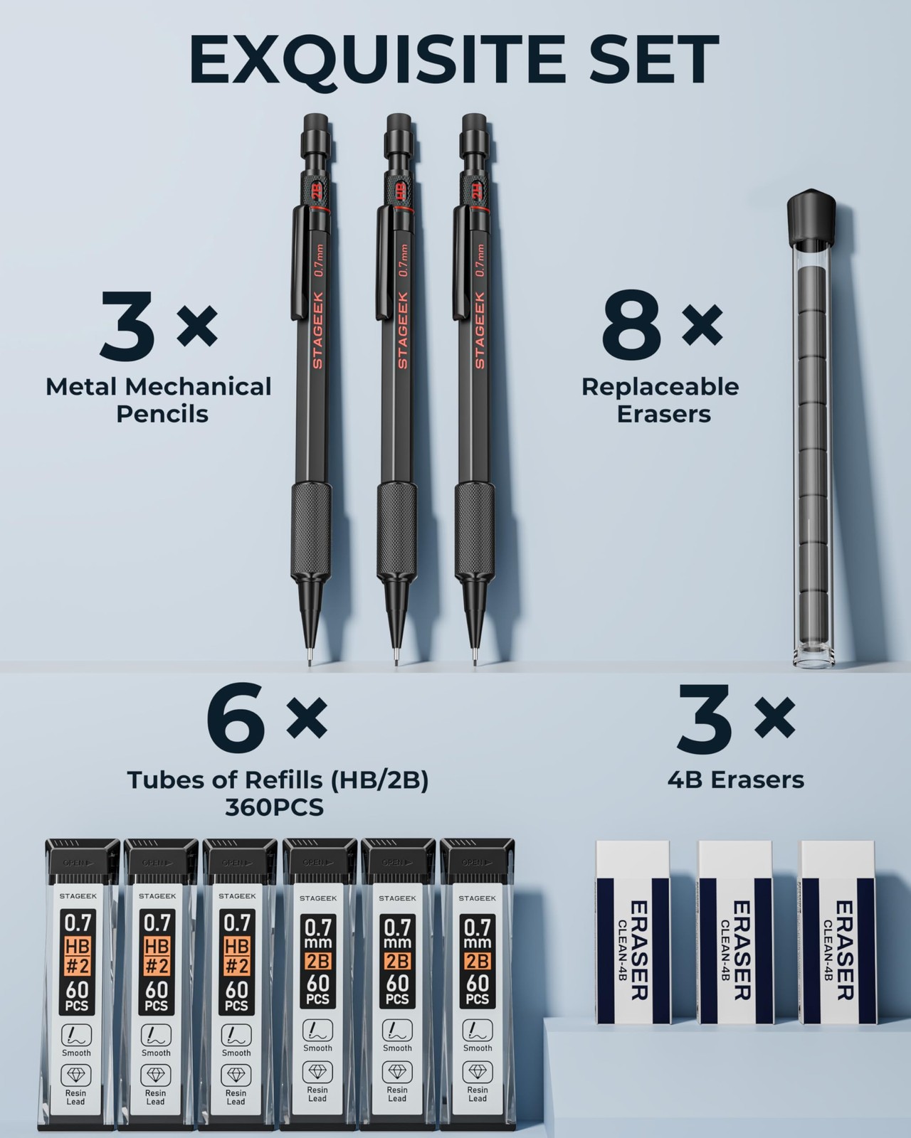 STAGEEK 0.7mm Mechanical Pencil Set, 3PCS Metal Pencils 0.7 MM
