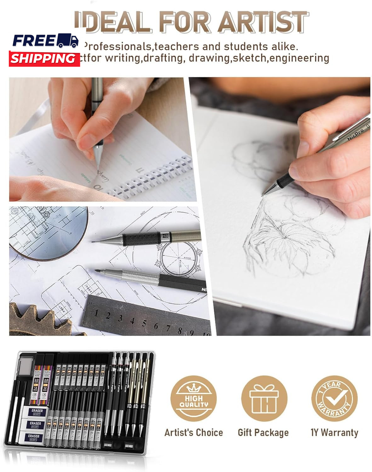 35PCS Art Mechanical Pencil Set 3 PCS Metal Drafting Pencil 0.5 Mm & 0.7 Mm & 0.