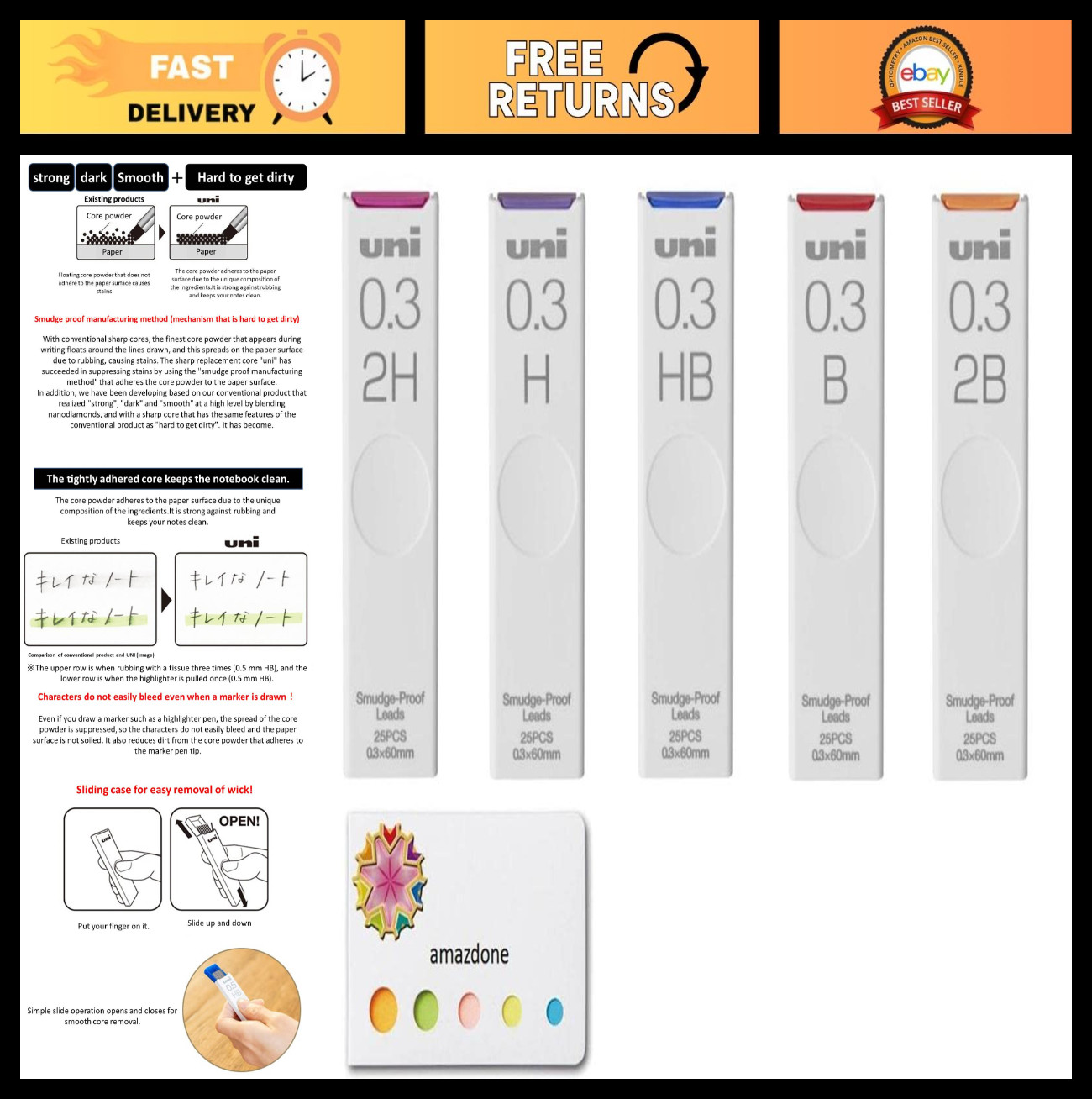0.3mm Mechanical Pencil Leads – Smudge-Proof HB, H, 2H, B, 2B – 5 Pack, 125 Tota