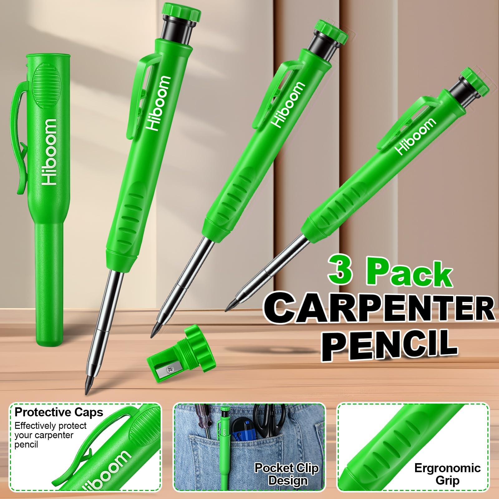Hiboom 3 Pack Carpenter Pencils Set with 24 Refills, 2.8 mm Mechanical Carpenter