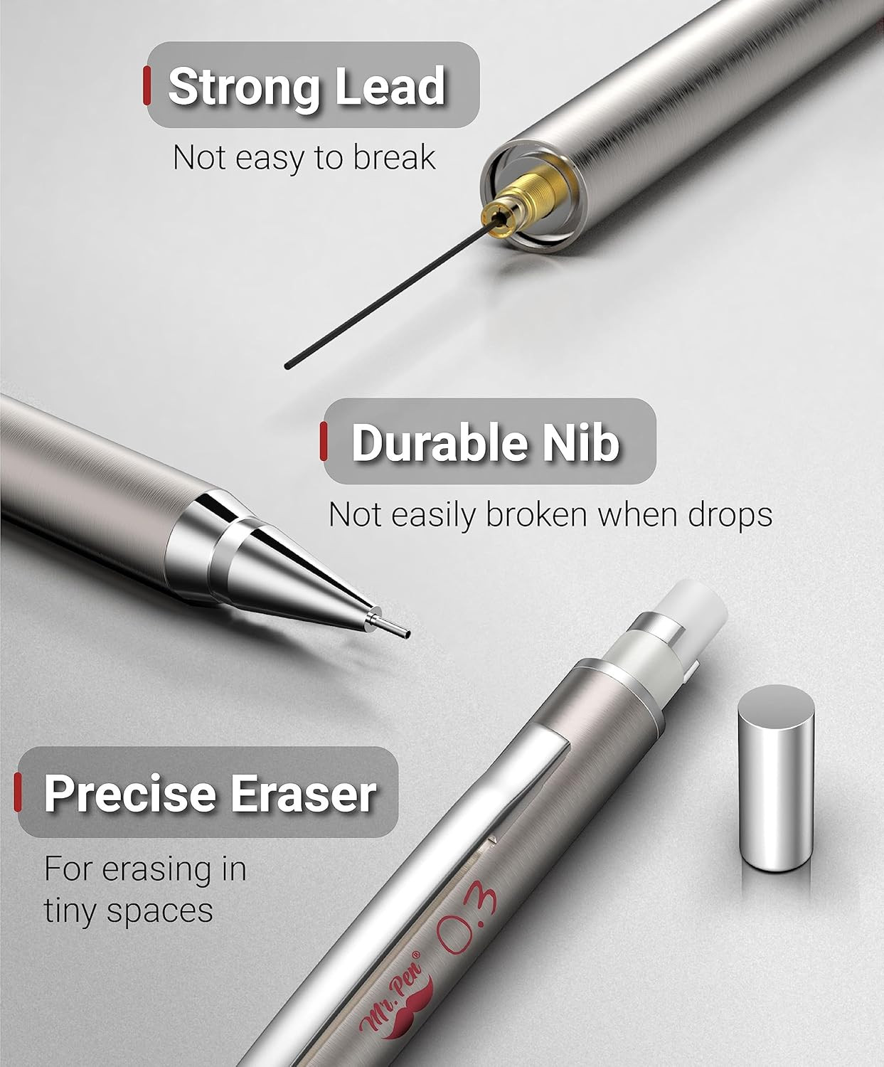 – Metal Mechanical Pencil Set with Lead Refills & Erasers, 2 Pack, 0.3Mm, 4X Tub
