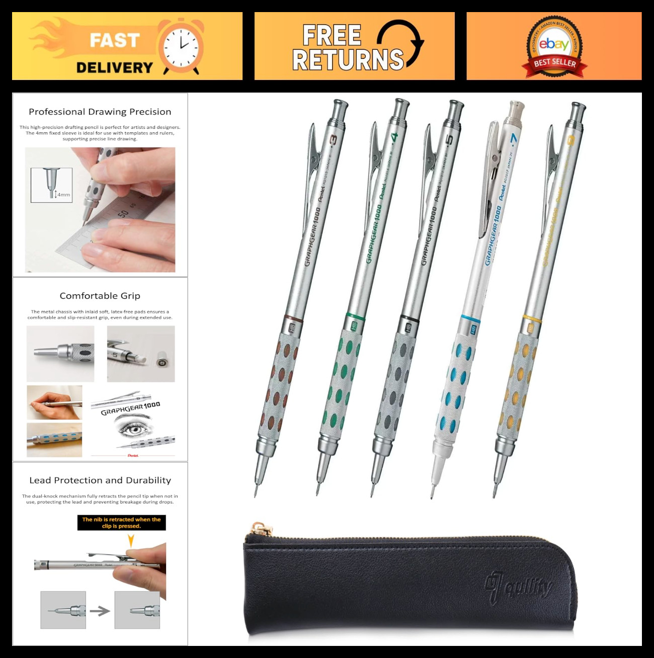 Mechanical Drafting Pencil Set – 0.3mm to 0.9mm, Quality Case Included, Art & De
