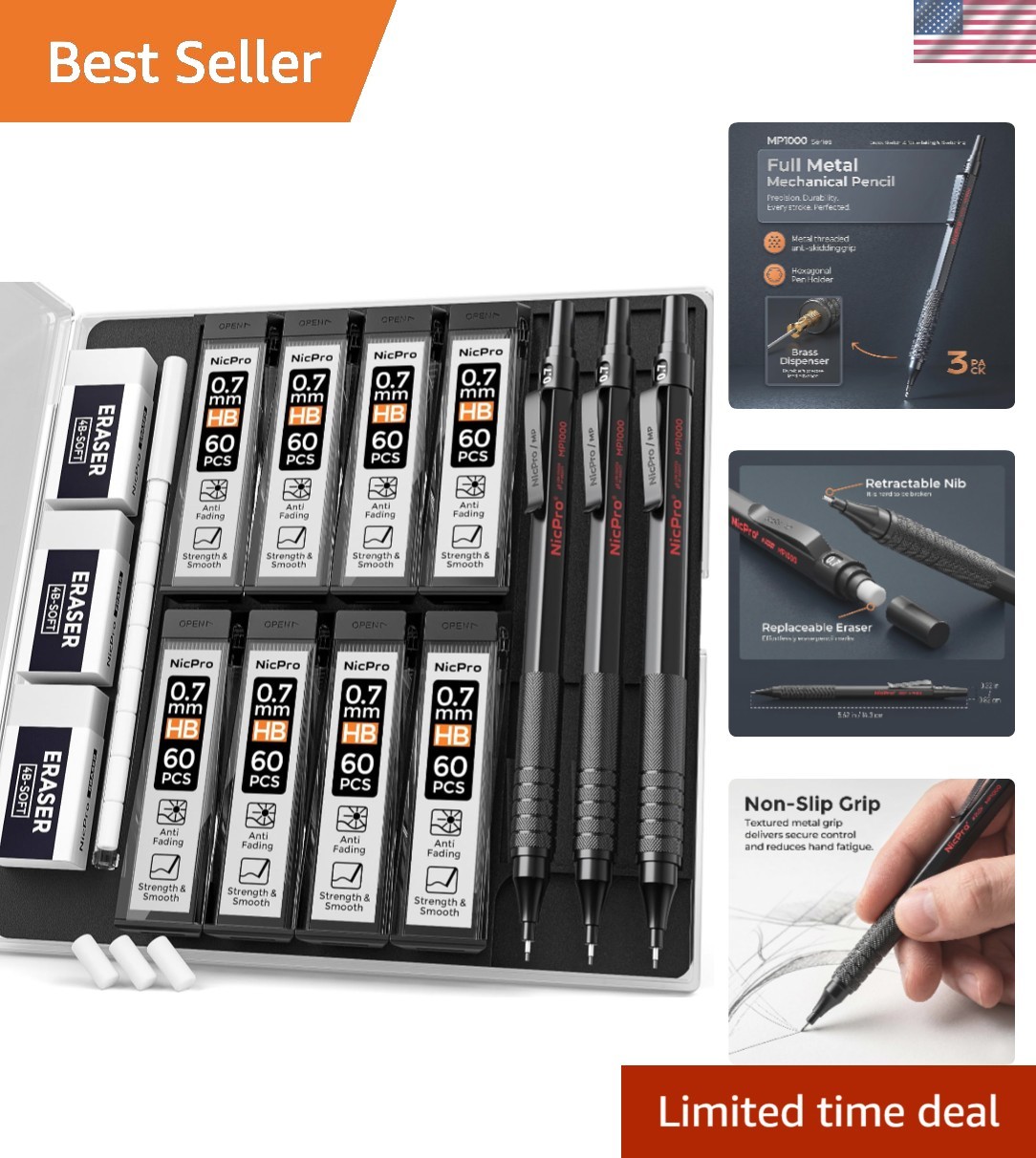 Durable 0.7mm Mechanical Pencil Set with 3 Erasers & 480 Lead Refills Included