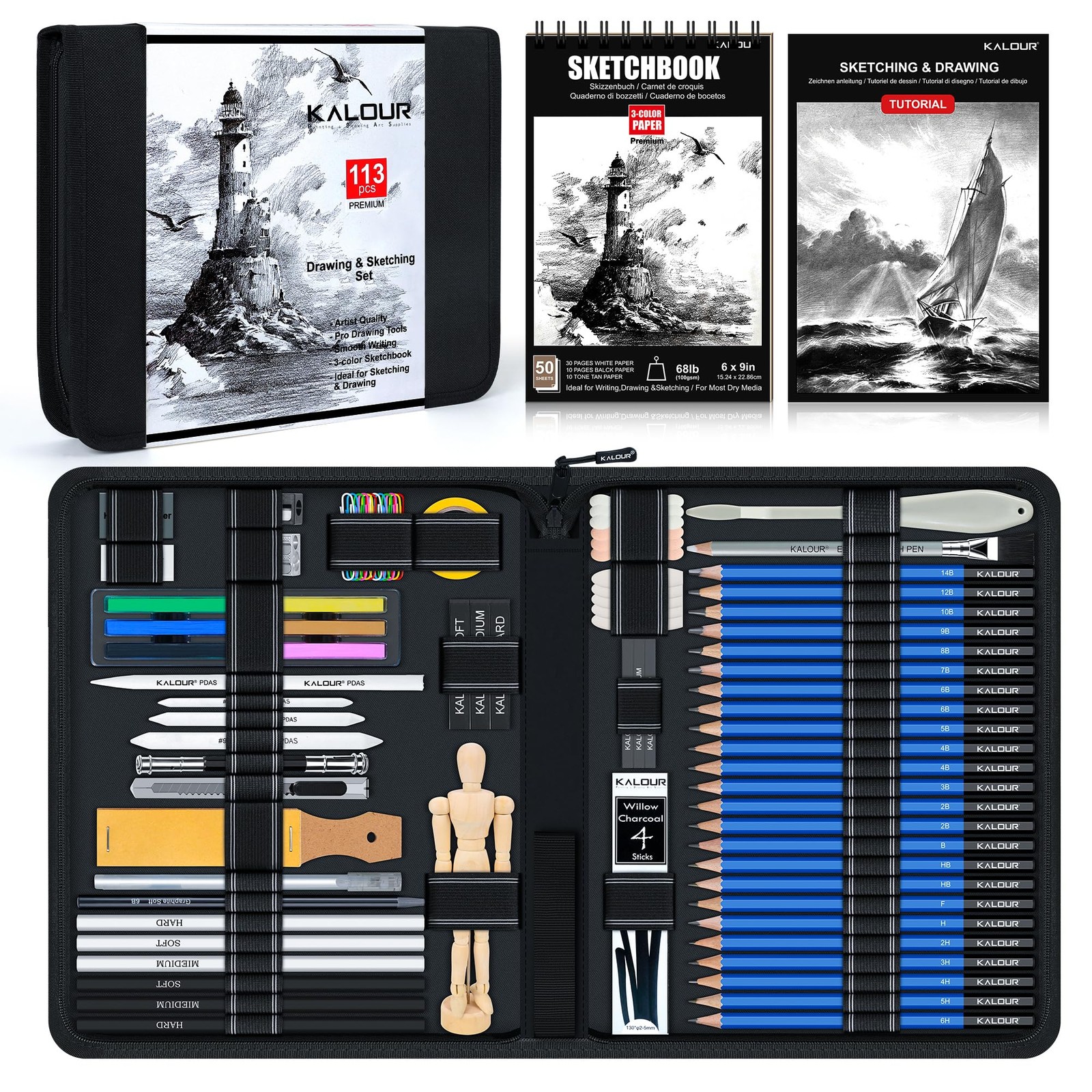 KALOUR 113PCS Drawing Set, Professional 113 Count (Pack of 1), Black