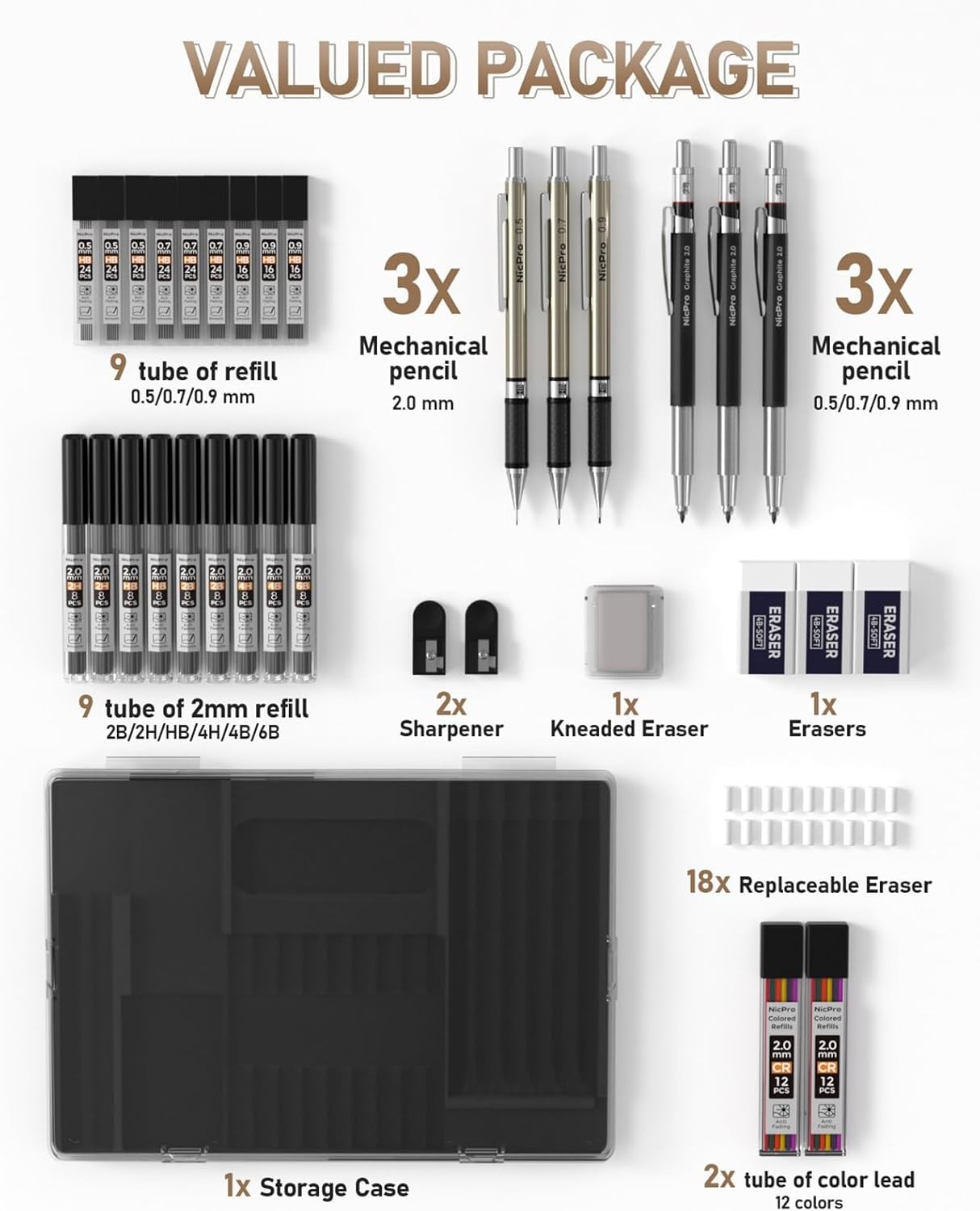 35PCS Mechanical Pencil Set 0.5 0.7 0.9 2mm Drafting Sketch Drawing Kit
