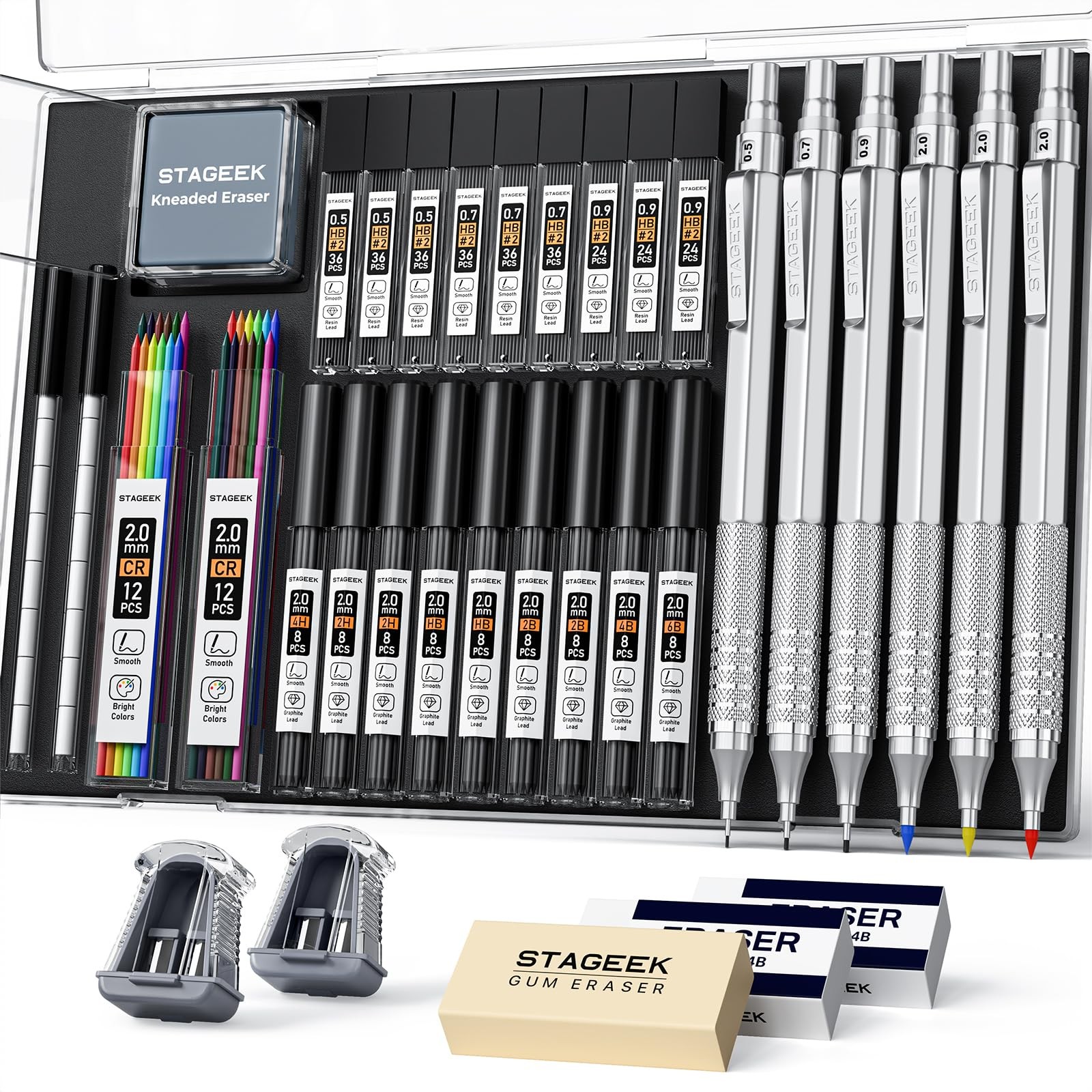 35Pcs Art Mechanical Pencil Set with Case, 0.5 0.7 0.9 2.0 Graphite silver