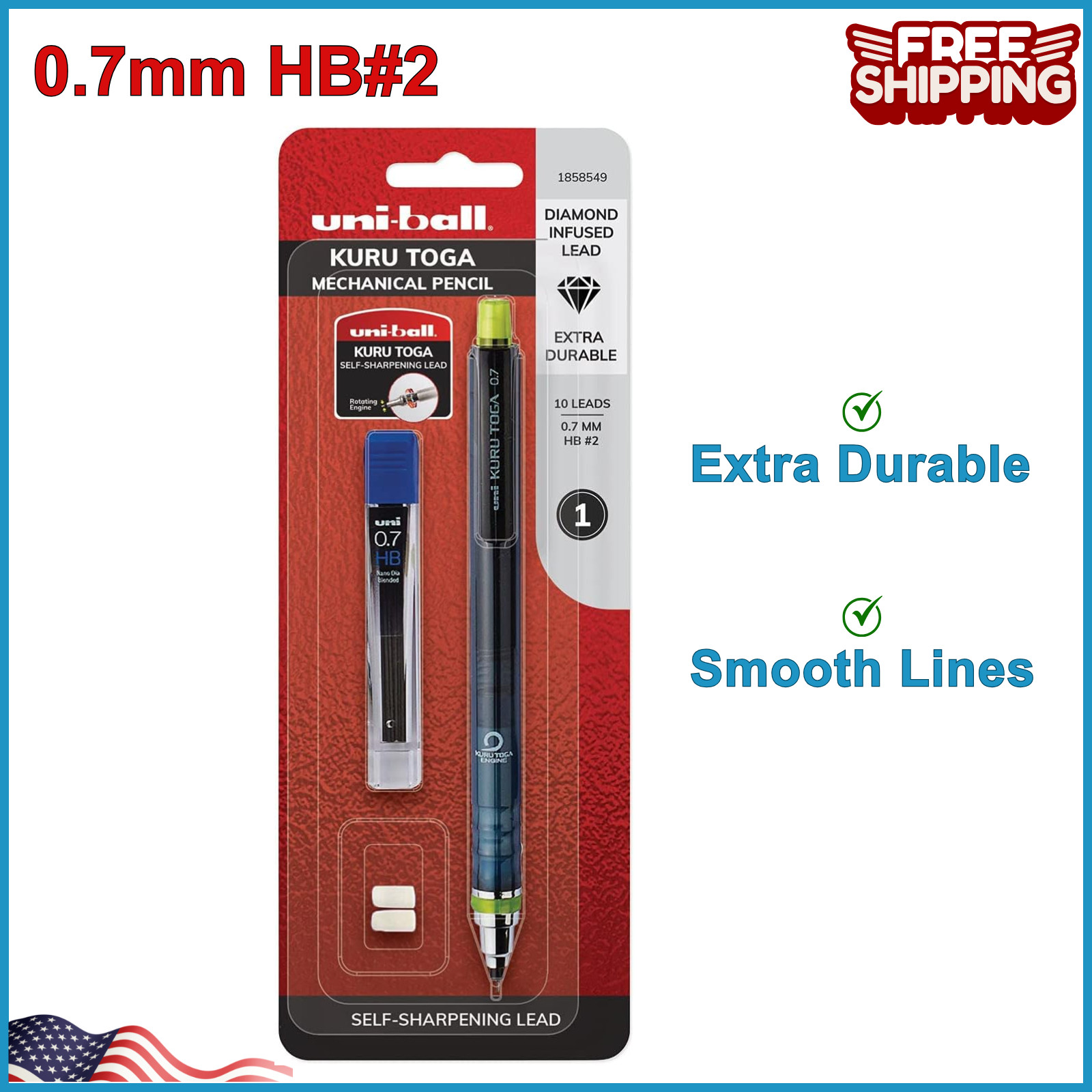 Kuru Toga Mechanical Pencil Starter Kit 0.7mm HB#2 with Eraser Replaceable, 1PK