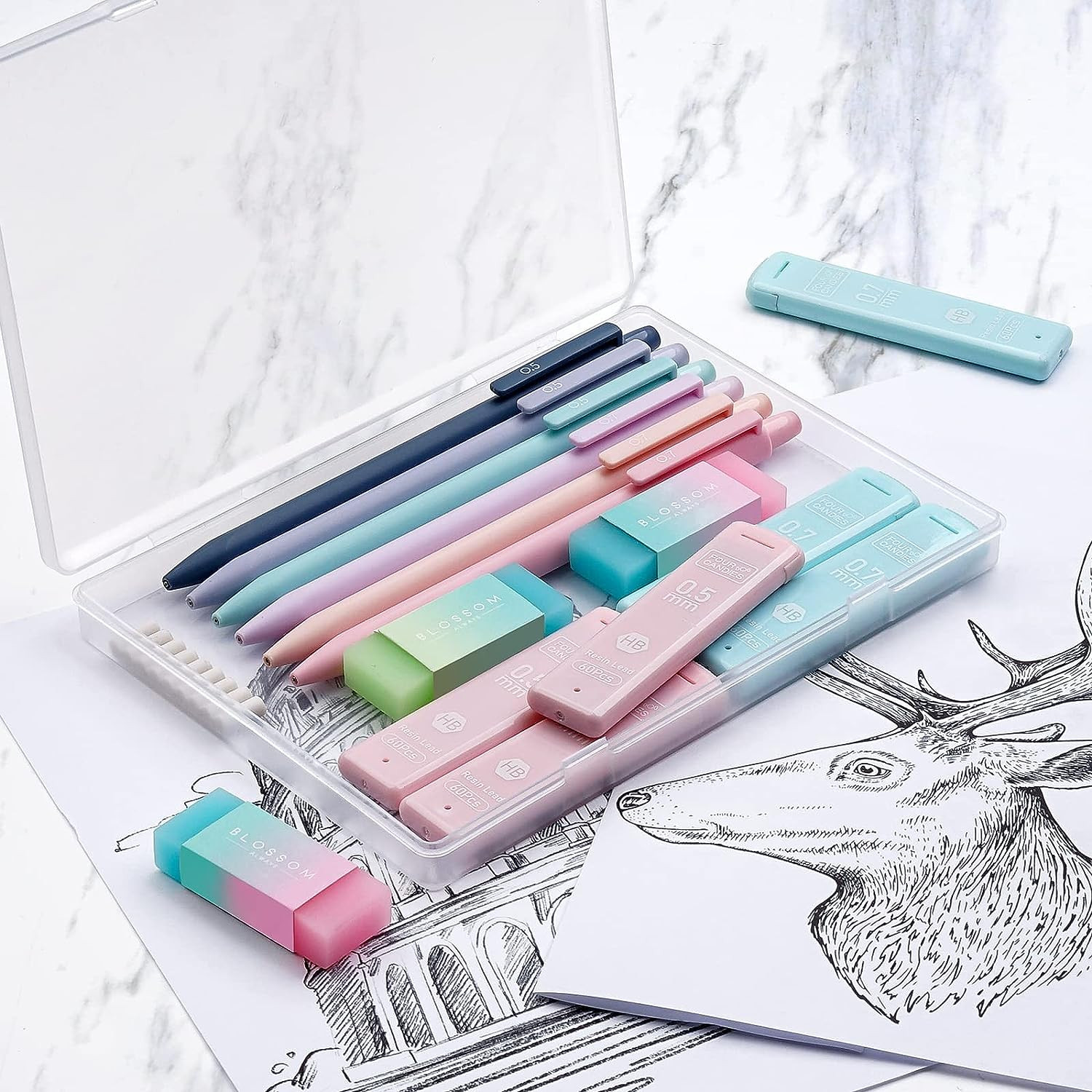 Cute Mechanical Pencil Set, 6PCS Pastel Mechanical Pencils 0.5 & 0.7Mm with 360P