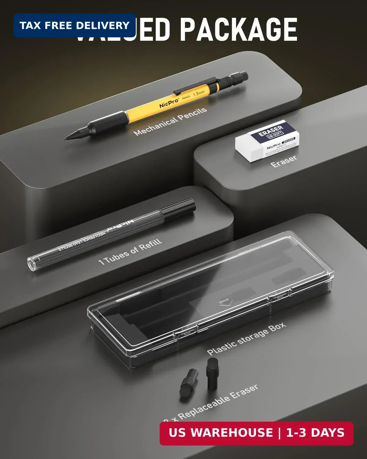 Nicpro MP2000 1.3mm Metal Mechanical Pencil Set with Case (Yellow) | 12 Black Le