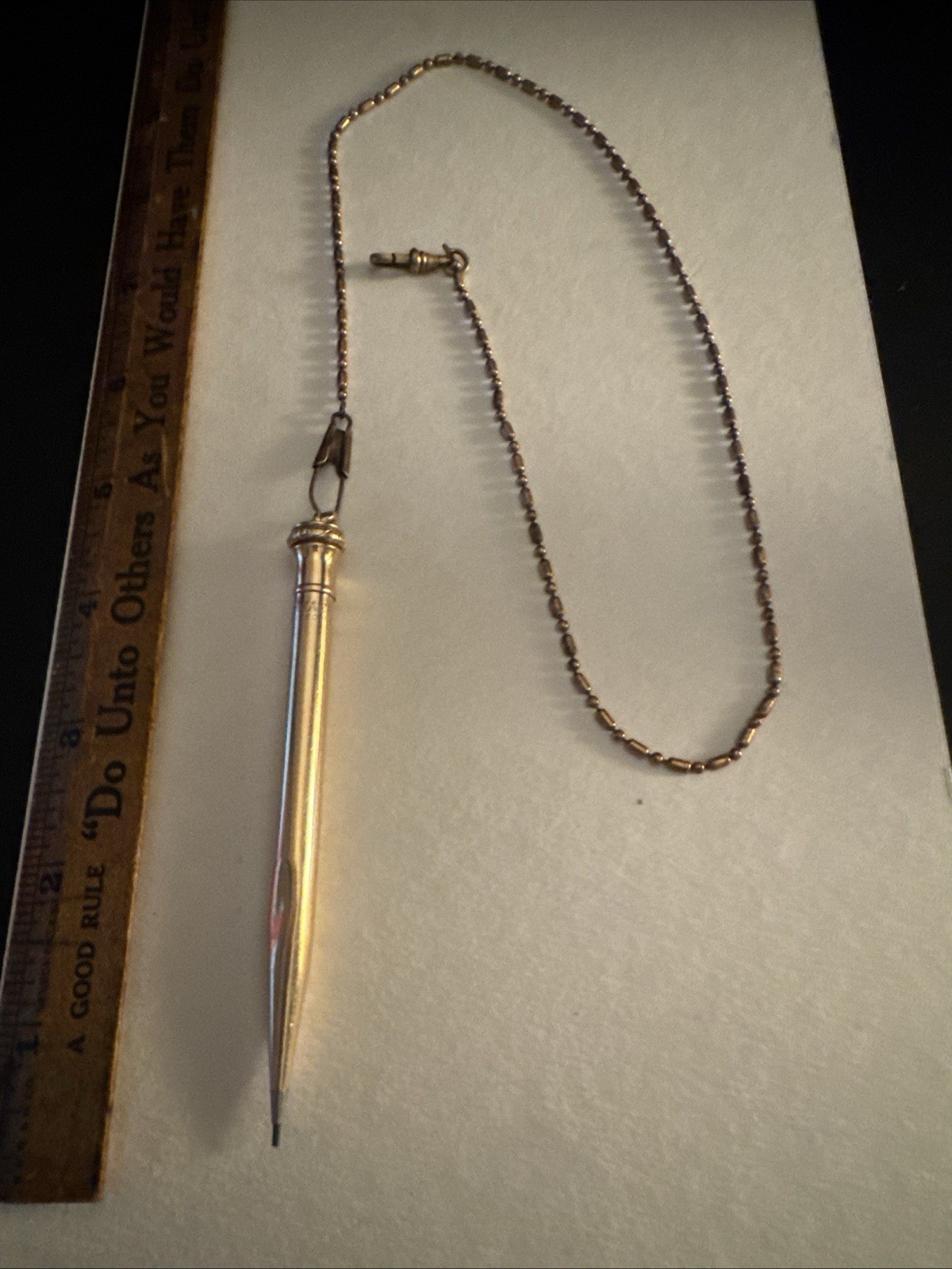 Antique Ever Sharp 4” Gold Filled Mechanical Pencil Chatelaine Ring Bead Chain