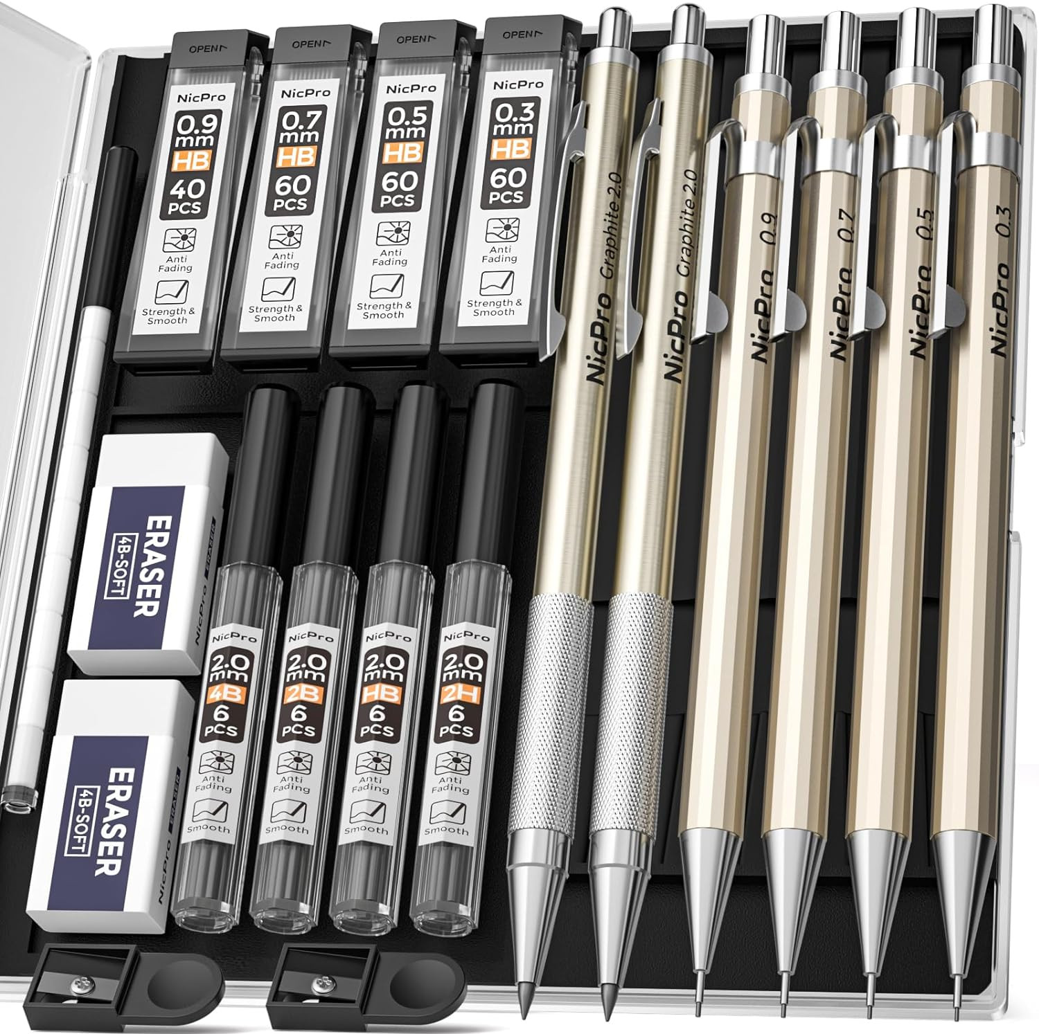 6PCS Metal Mechanical Pencil Set, Full Copper Drafting Pencil 0.3, 0.5, 0.7, 0.9
