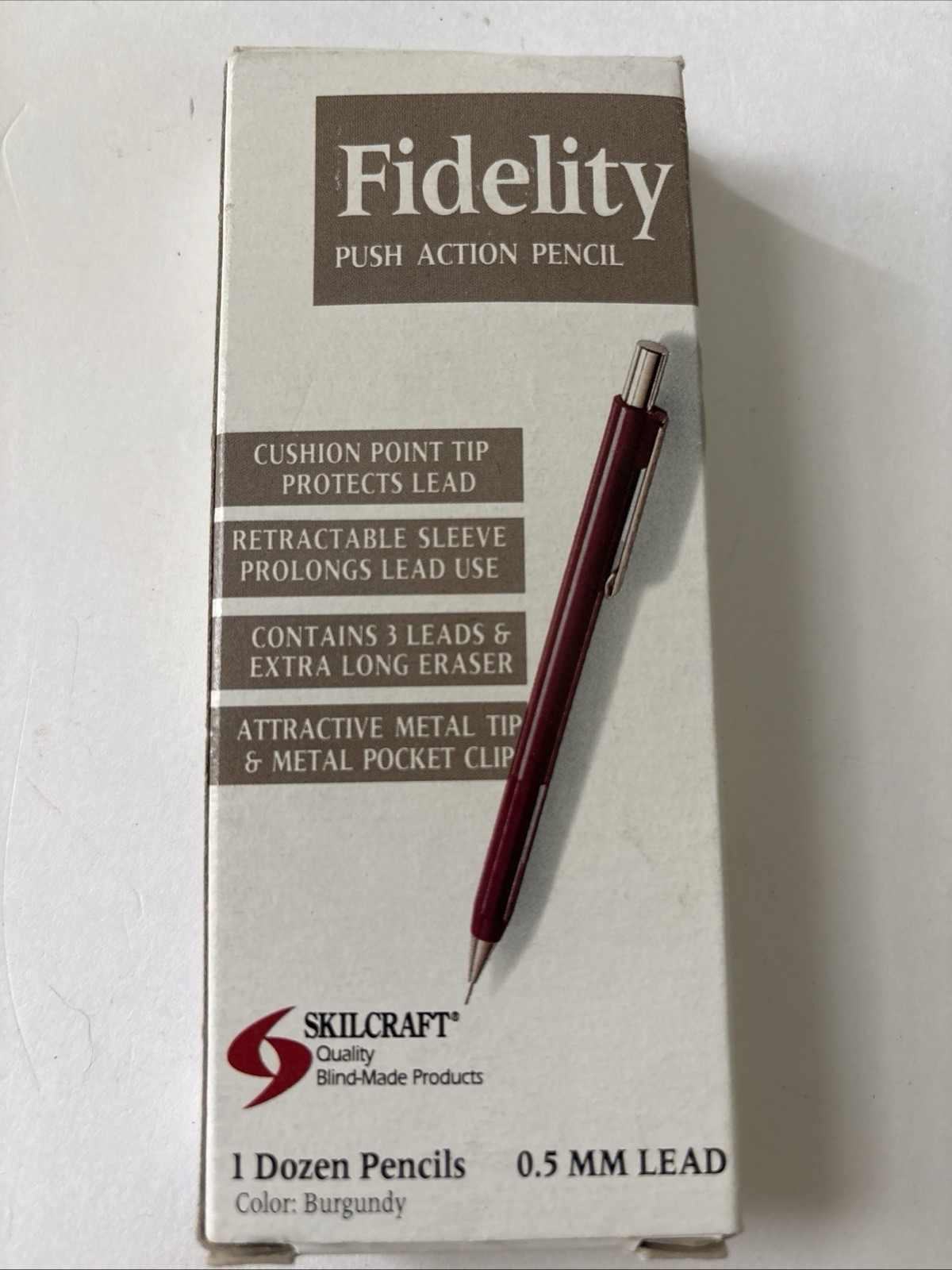 Box Unused 12 Fidelity SKILCRAFT BURGUNDY Mechanical Pencils 0.5 mm Push Action