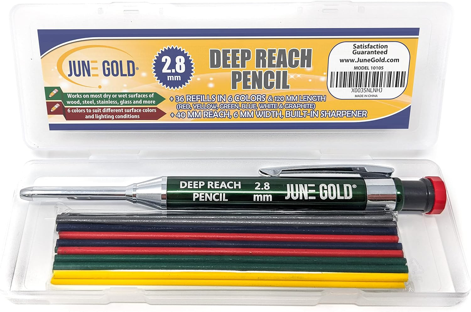 2.8 Mm Deep Reach Metal Carpenter Pencil, 36 Colored Refills, 6 Colors, 40 Mm Re