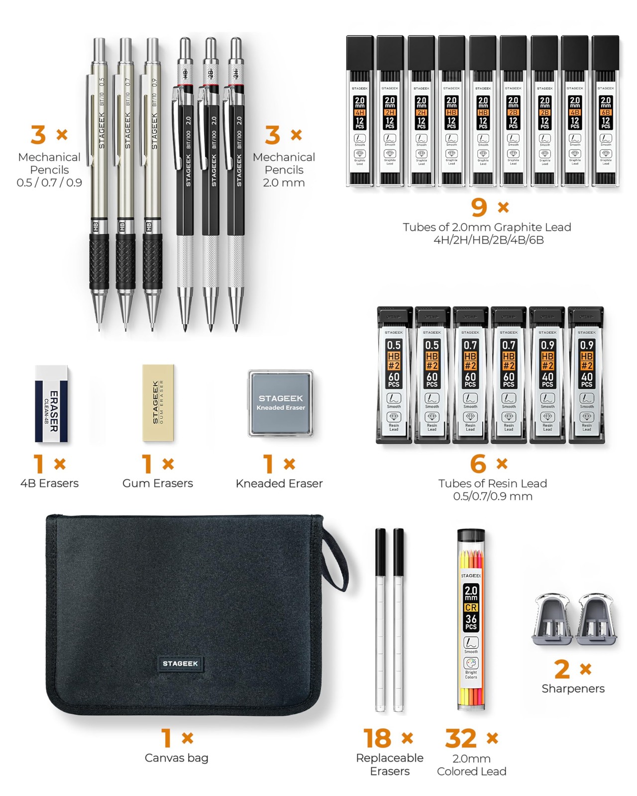 STAGEEK Mechanical Pencil Set with Canvas 30 Count (Pack of 1), Multicolor