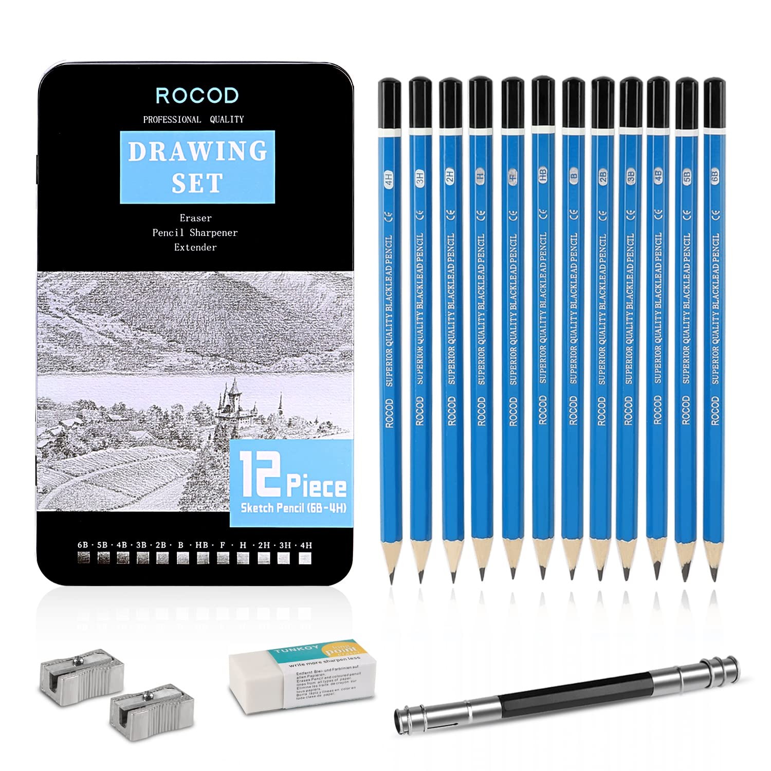 ROCOD Profession Sketch Pencils 6B to 4H for Kids and 16 Piece Set, Graphite