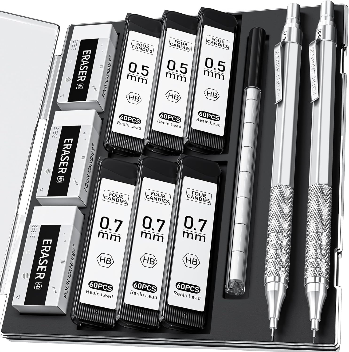 2PCS Metal Mechanical Pencils Set with Case, 0.5mm & 0.7 mm Artist Pencil with 6