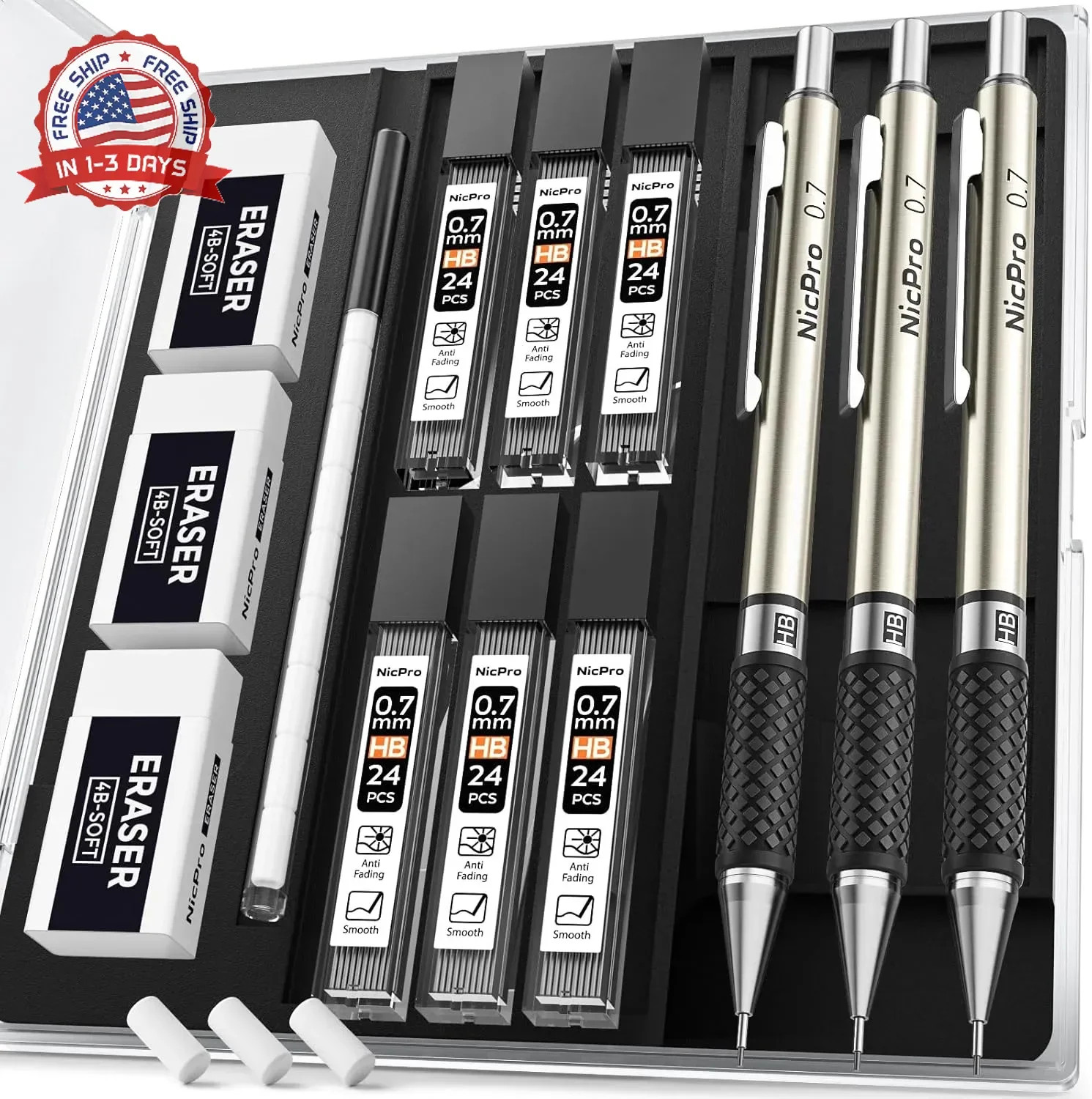 Nicpro 0.7 mm Art Mechanical Pencil Set in Storage Case, 3 PCS Metal Drafting Pe