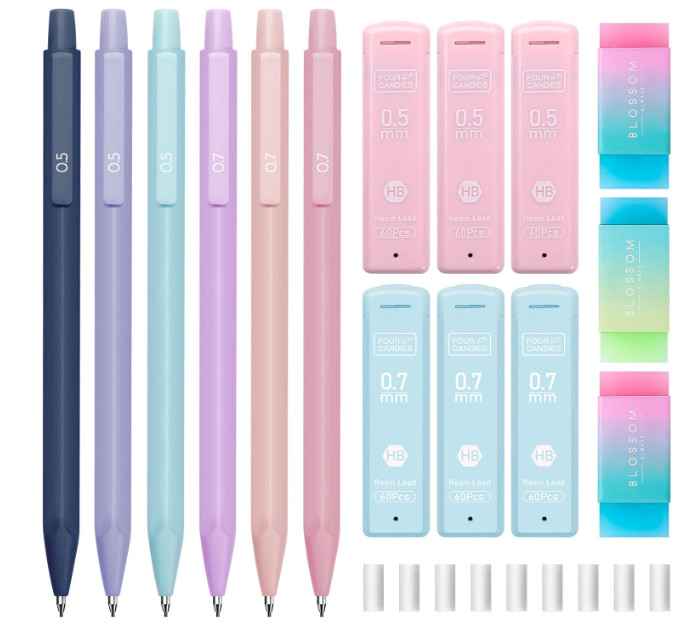 Four Candies Cute Mechanical Pencil Set, 6-Pack 0.5/0.7mm | 360 Lead Refills, 3