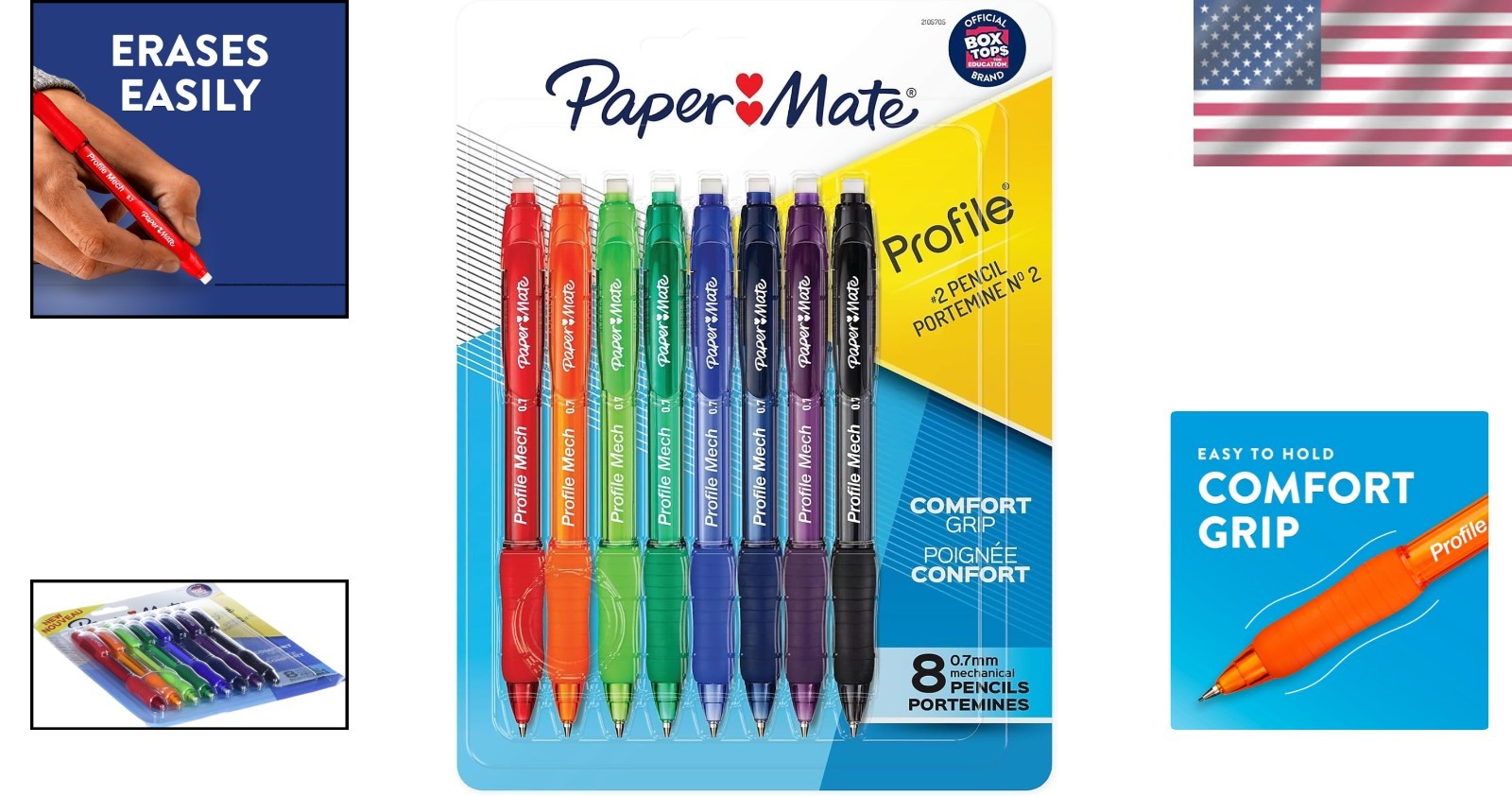 Profile Mech 0.7mm Mechanical Pencils – Comfort Grip, Assorted Colors, 8 Count
