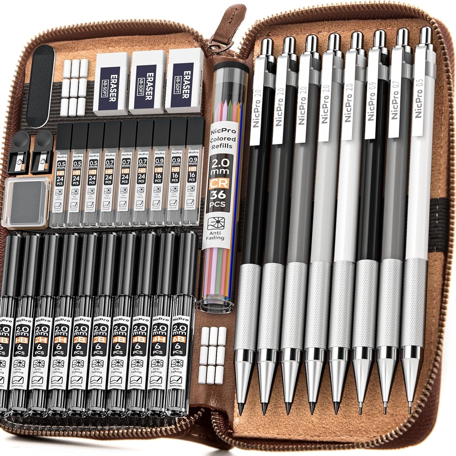 Professional 38PCS Mechanical Pencils Set with Multi-Hardness Leads & Erasers