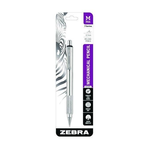 Zebra M-701 Mechanical Pencil, 0.7 mm, F (#2.5), Black Lead, Silver Barrel, 3/PK
