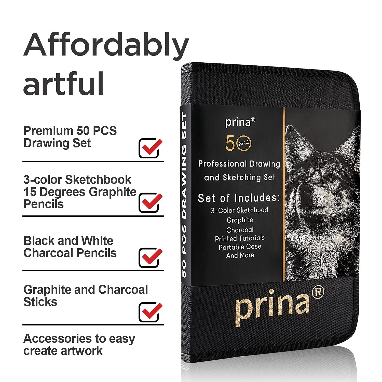 Prina 50 Pack Drawing Set Sketch Kit, Sketching Supplies with Multicolor