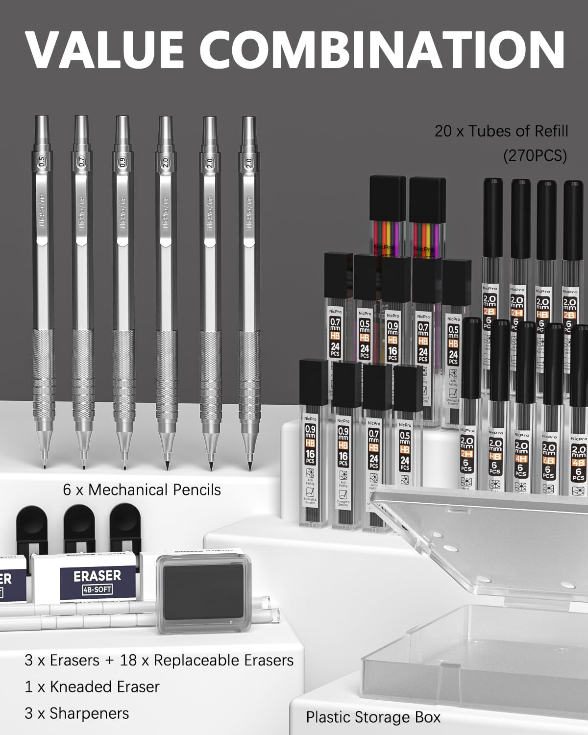 Nicpro 35PCS Silver Metal Mechanical Pencils Set 1 Count (Pack of 6),