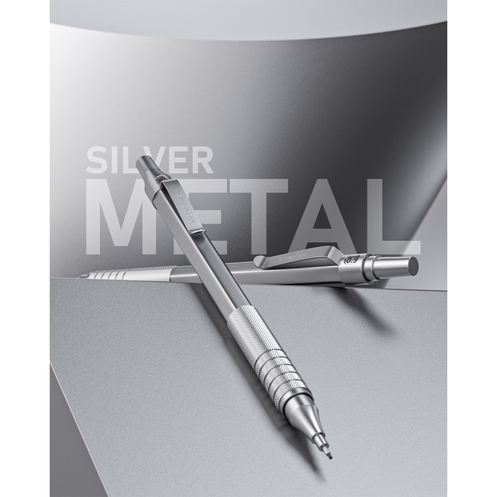 Nicpro 0.9 mm Metal Mechanical Pencil Set with Case, 3PCS MM, Silver