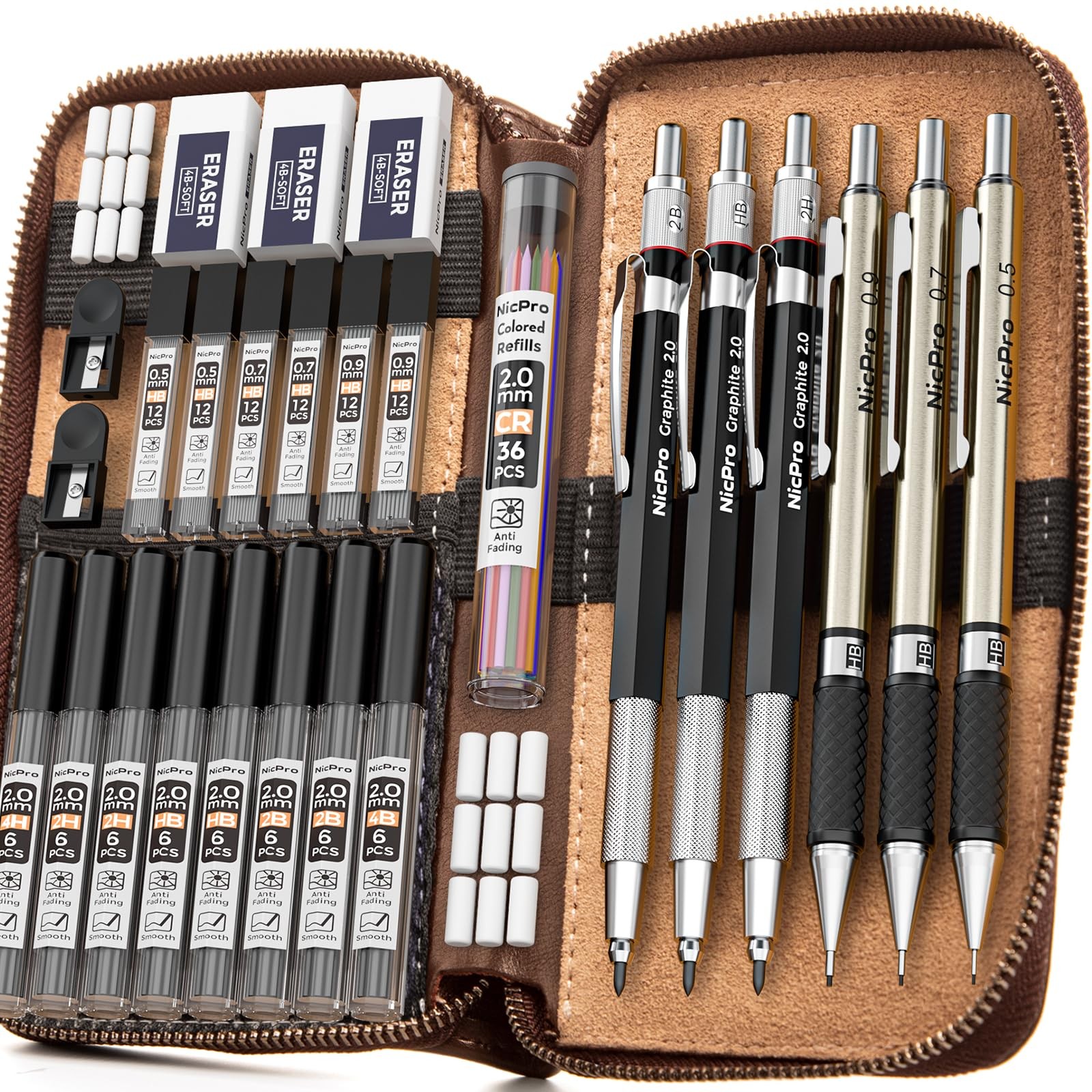 Nicpro 30PCS Art Mechanical Pencil Set in Leather Case, Metal Black, Black