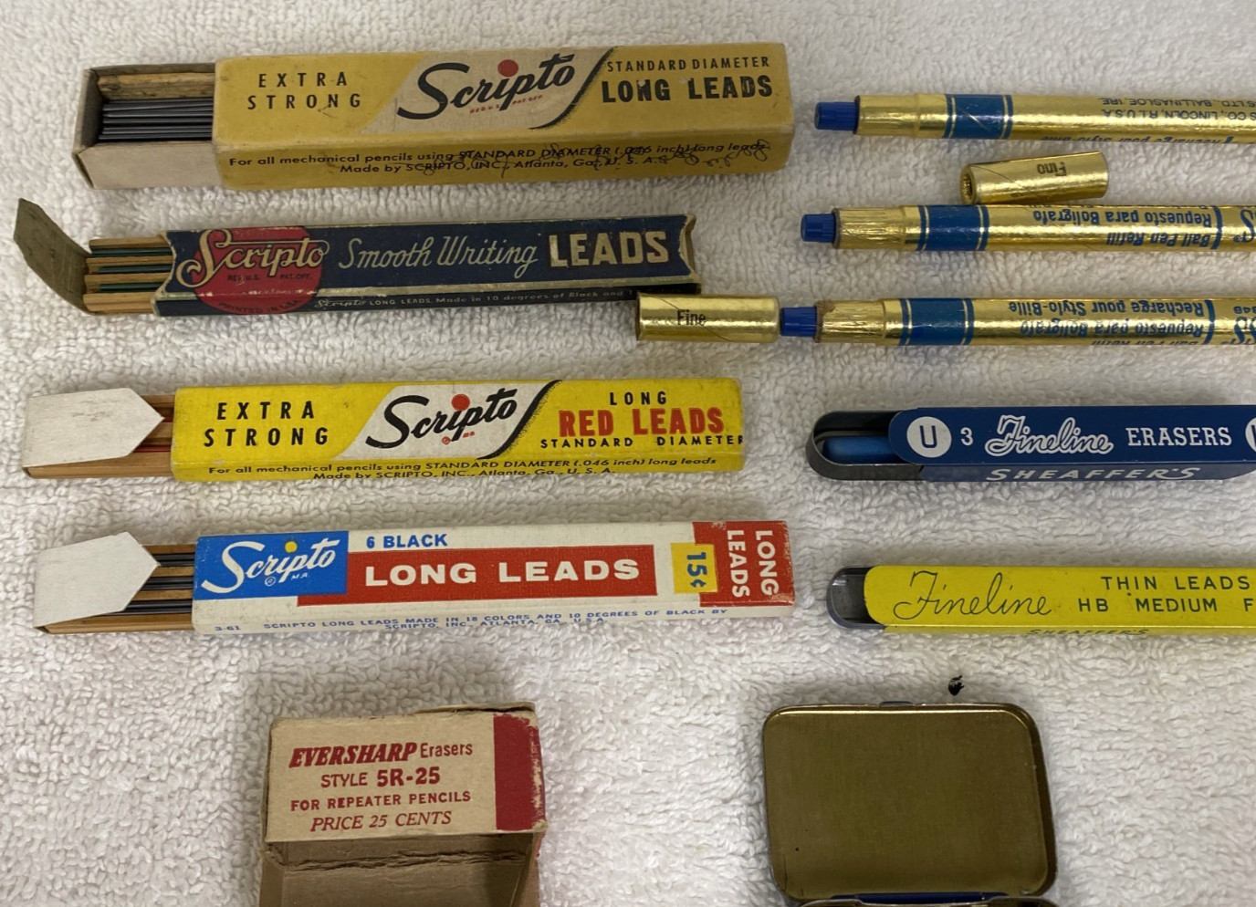 11 Vintage Pencil Leads Erasers Pen Refills Tins Boxes Scripto Sheaffers Cross