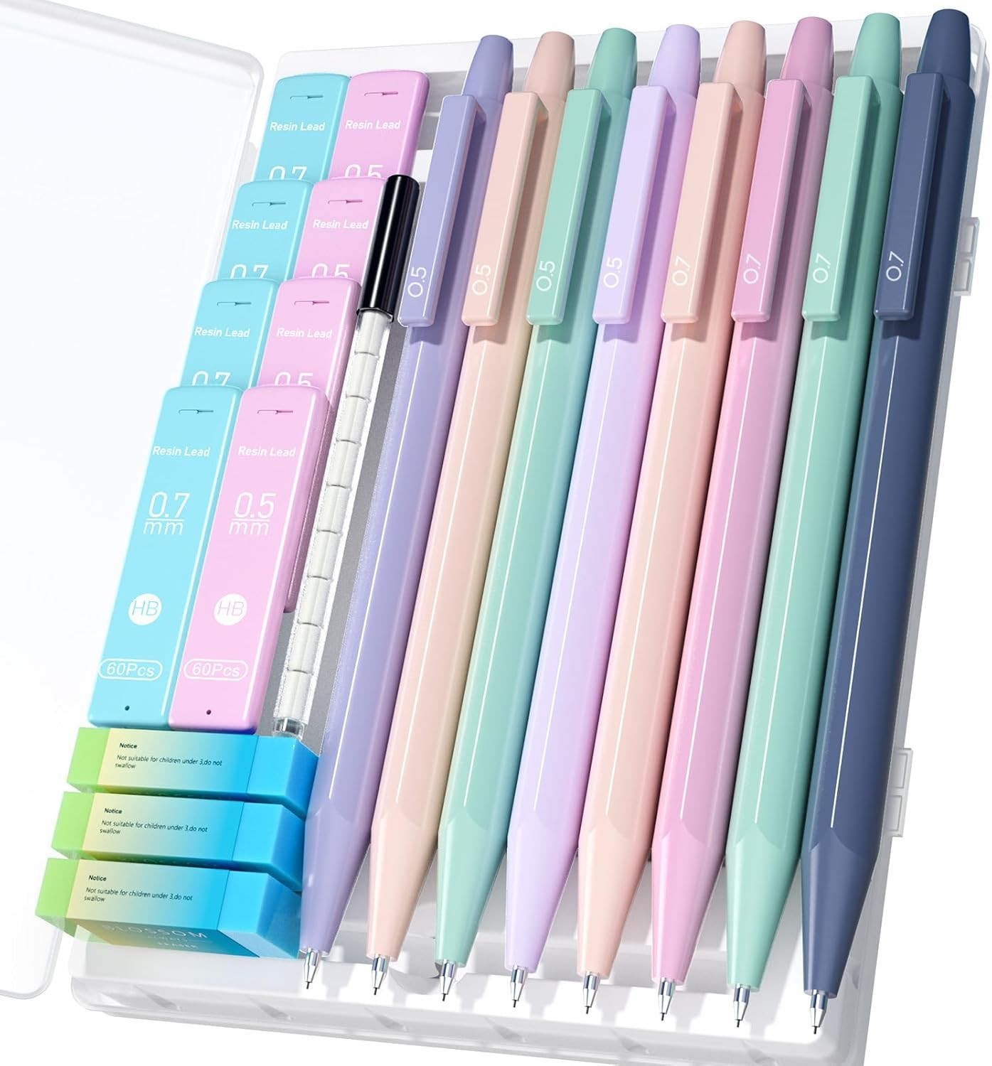 Lapices Mecanicos 8 Pzs 0.5-0.7mm con Goma 480 Minas Colores Estuche Escolar