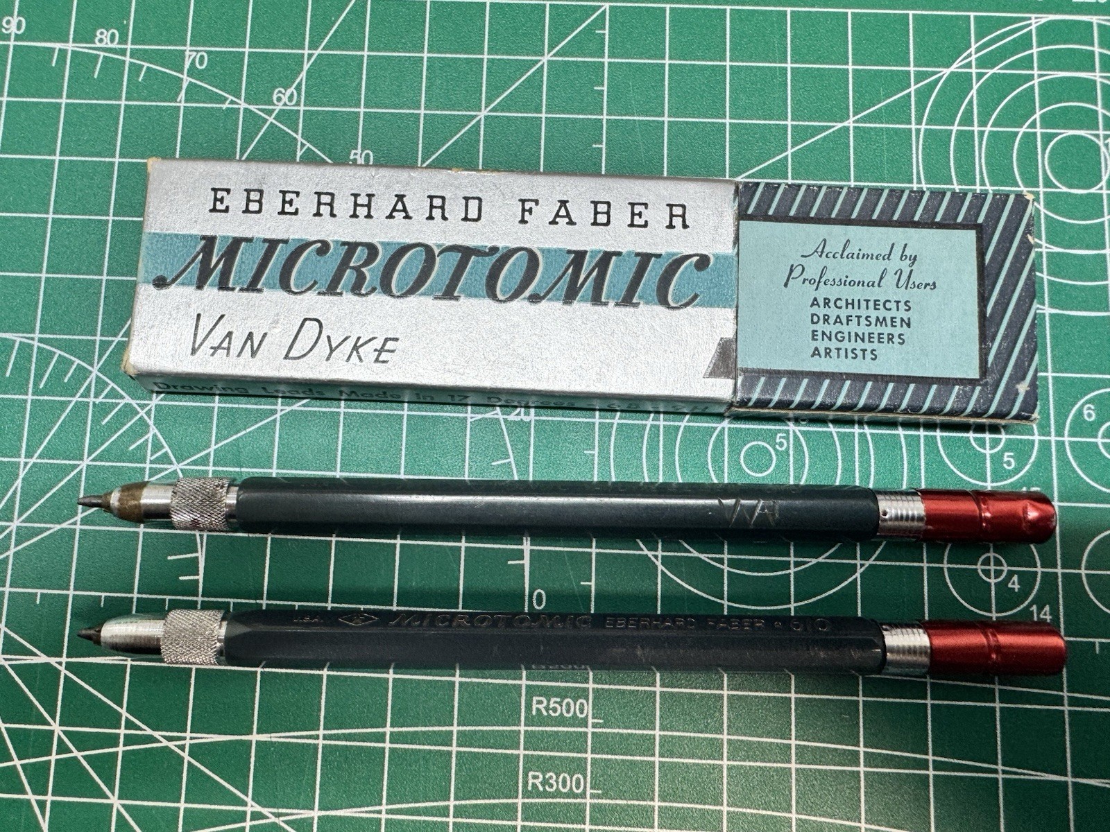 2 Eberhard Faber Microtomic Green Lead Holders with Van Dyke & Boxed 4H Leads