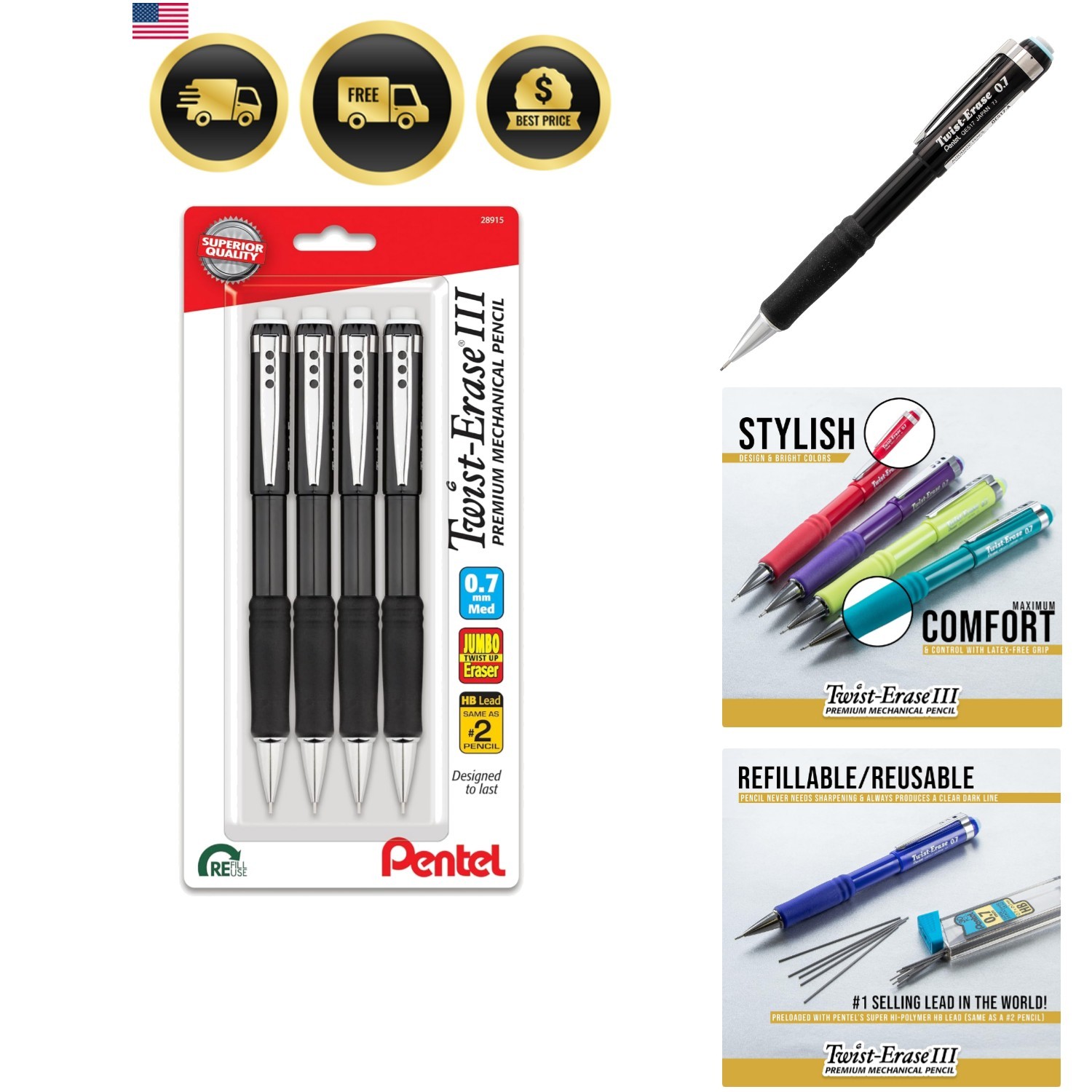 Twist-Erase III Mechanical Pencil, 0.5mm, Fine Line, Black Barrel, Pack of 4 …