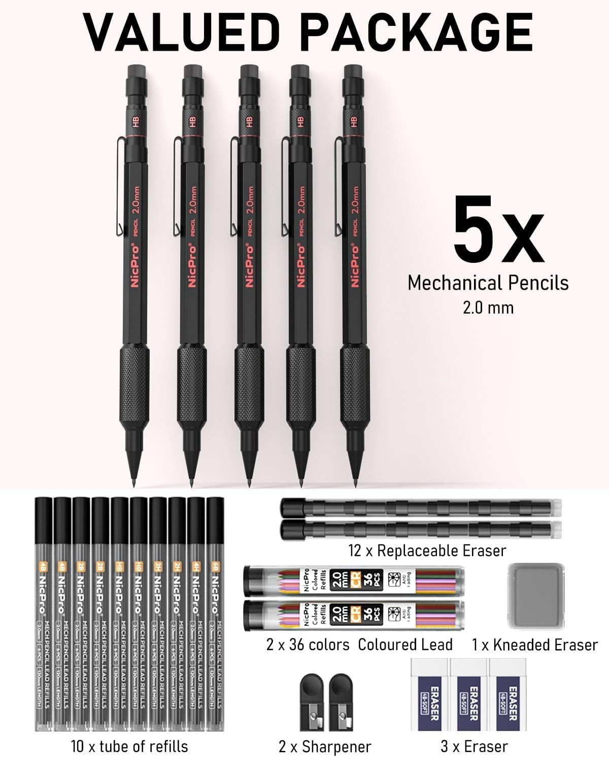Multifunctional 2mm Mechanical Pencils Set Includes 5 Pencils and Case 72 Leads
