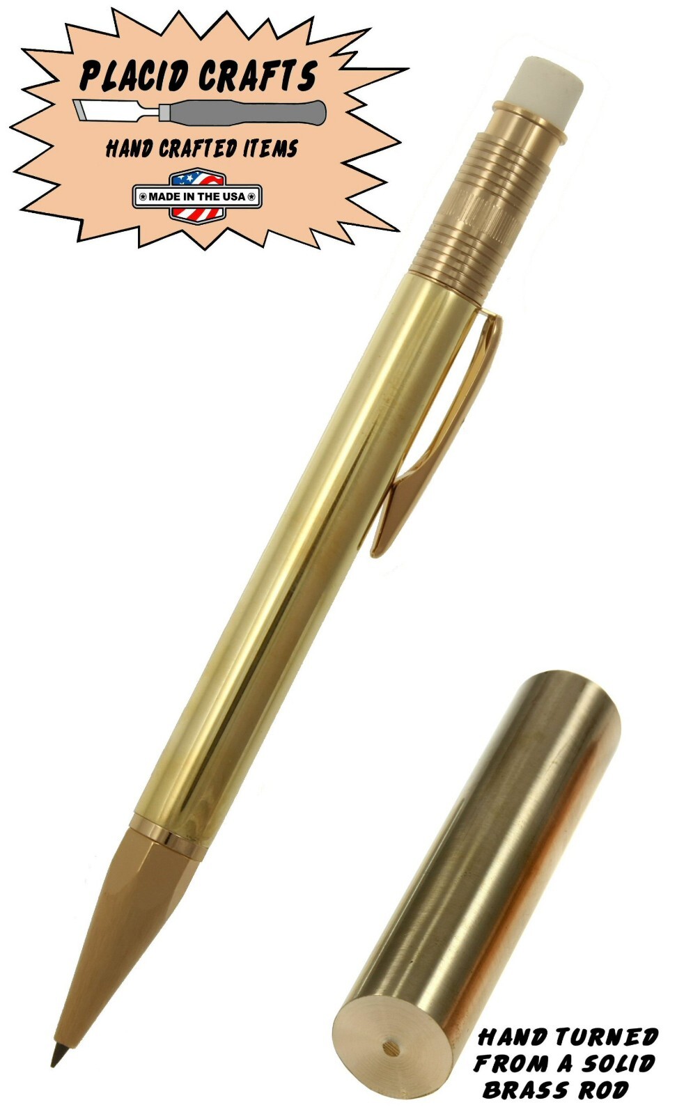 Throw Back Handcrafted 2mm Pencil in 24ct. Gold with a Raw Brass Body / #348