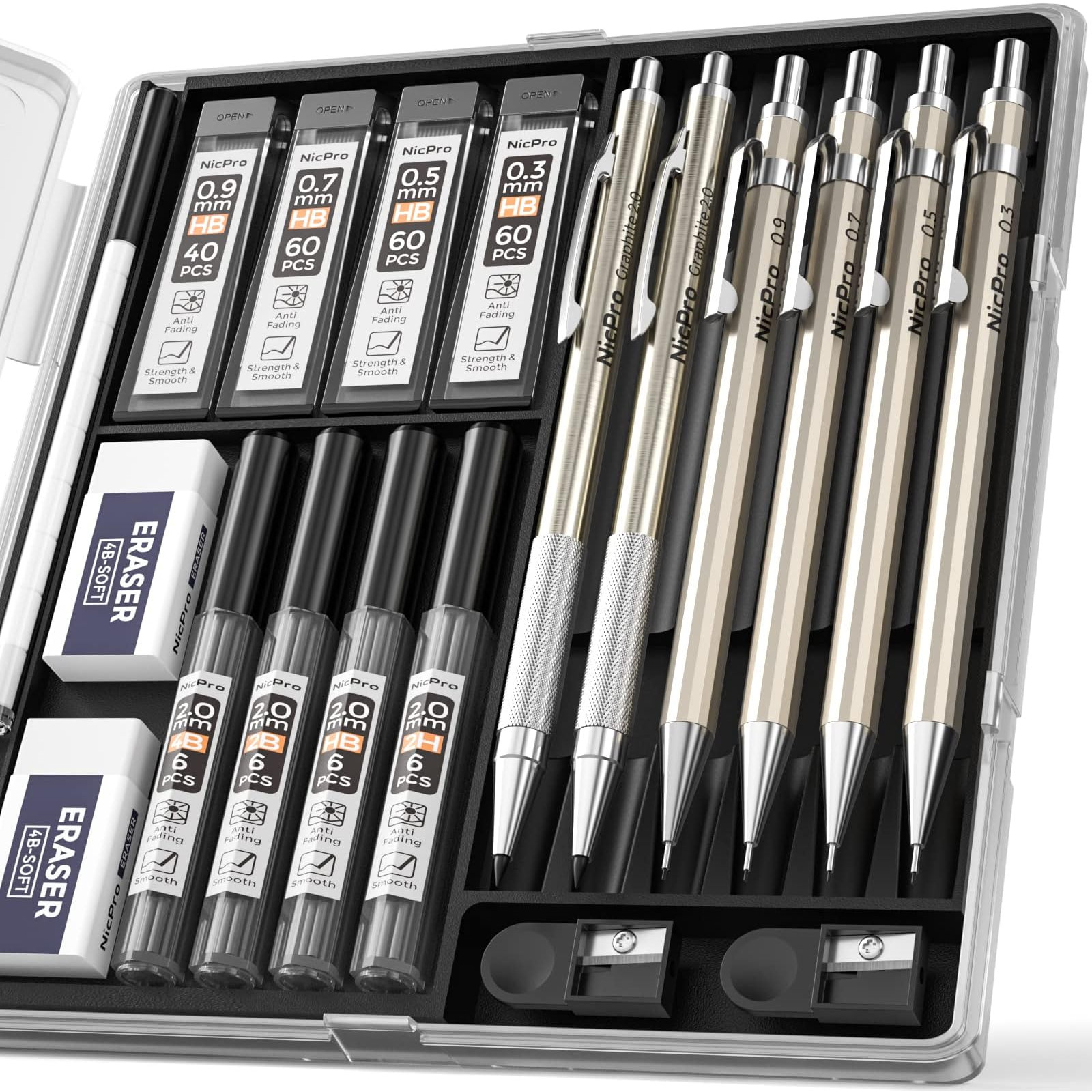 6 PCS Metal Mechanical Pencil Set Artist Drafting Pencils Case Lead Holder