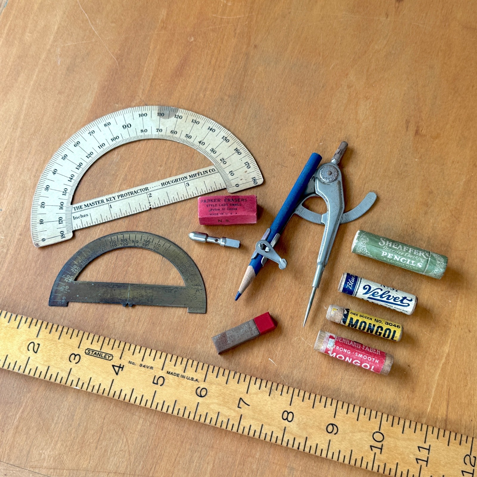 Vintage Office Pencil Lead Refills w/ Drafting Tools, Protractor, Compass