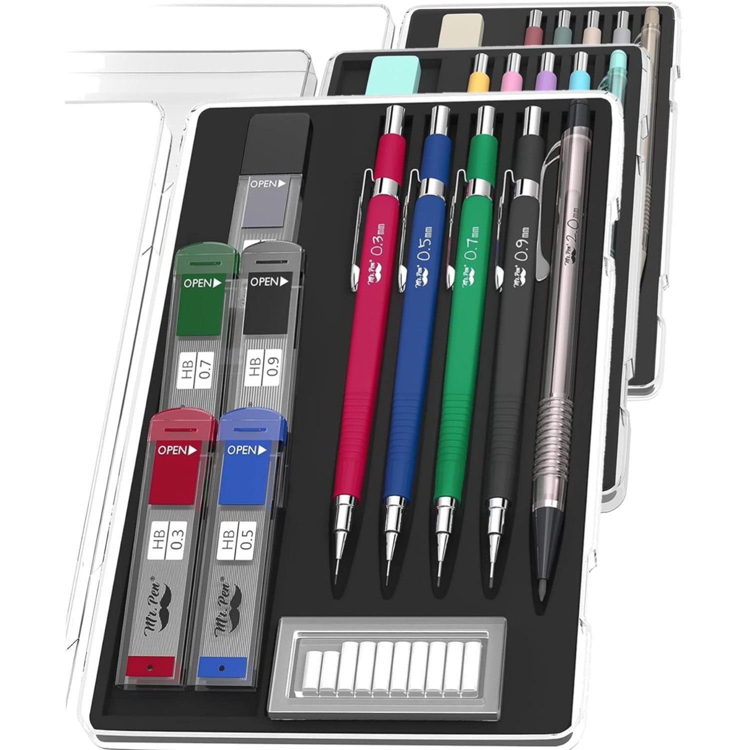 Mechanical Pencil Set 5 Pencils 0.3 0.5 0.7 0.9 2.0mm HB Lead Refills